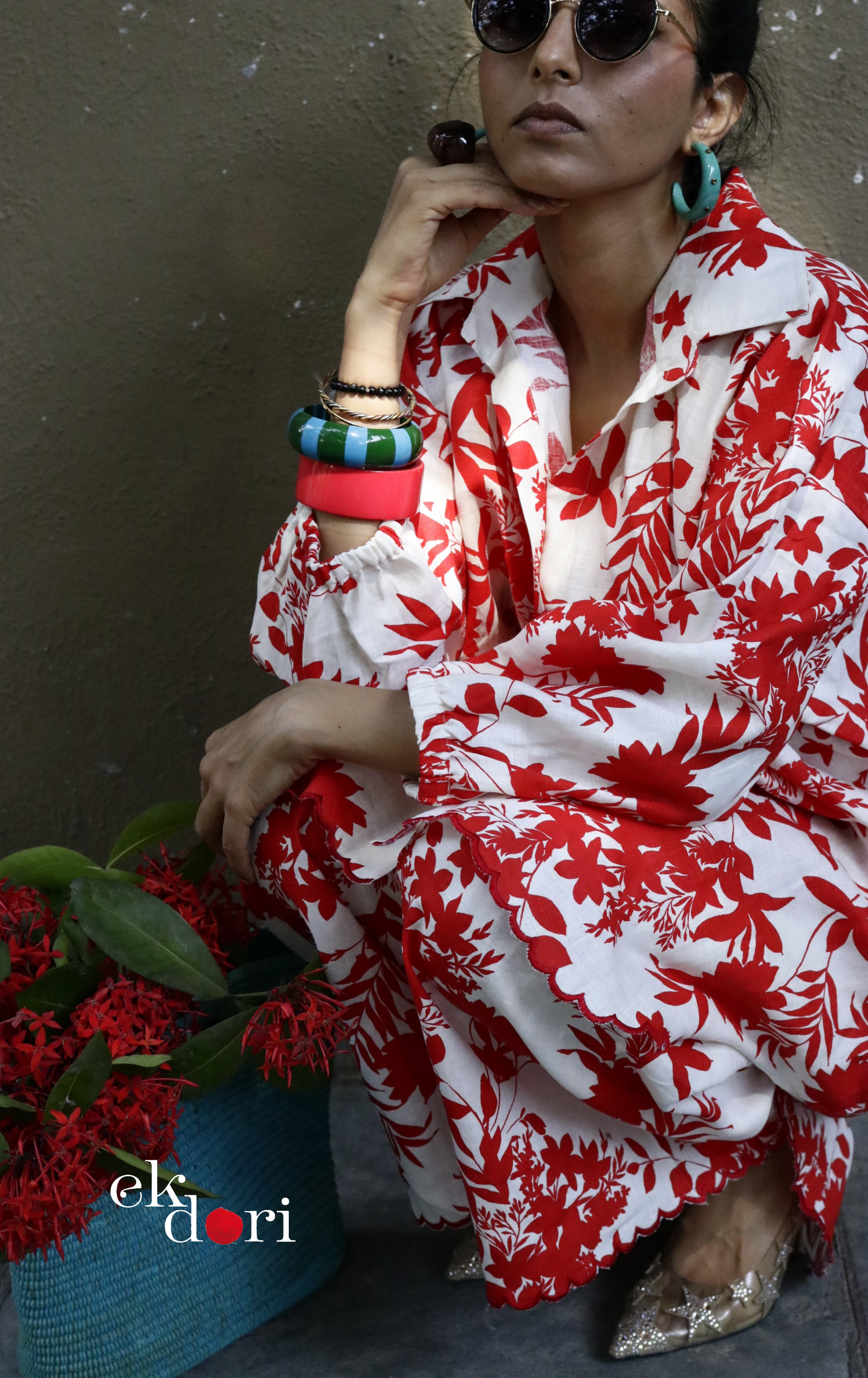 'Gulmohar Tree' Scalloped Kurta Co-ord Set : Buy Cotton Linen Kurta Palazzo Fun Co-ord Set