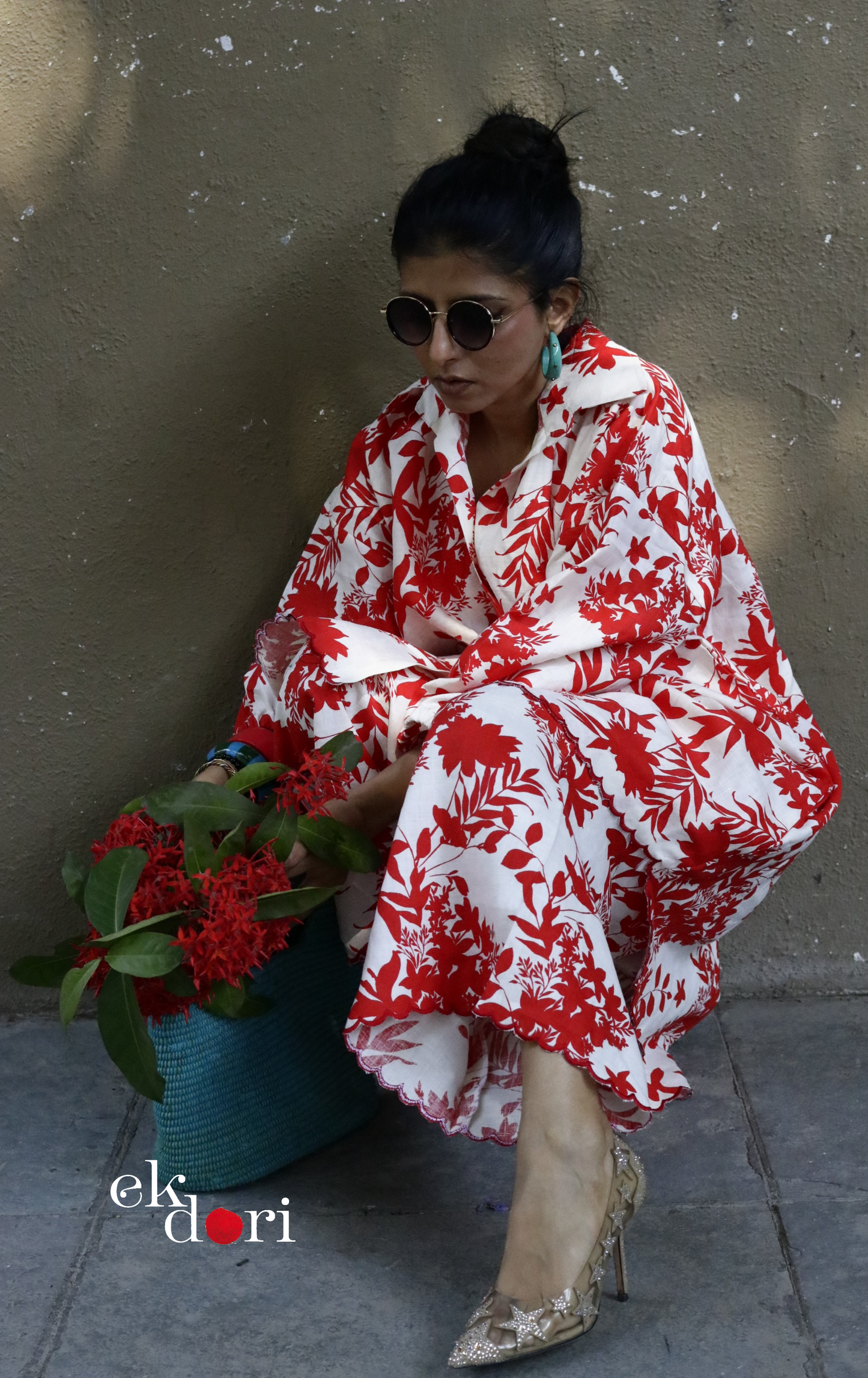 'Gulmohar Tree' Scalloped Kurta Co-ord Set : Buy Cotton Linen Kurta Palazzo Fun Co-ord Set