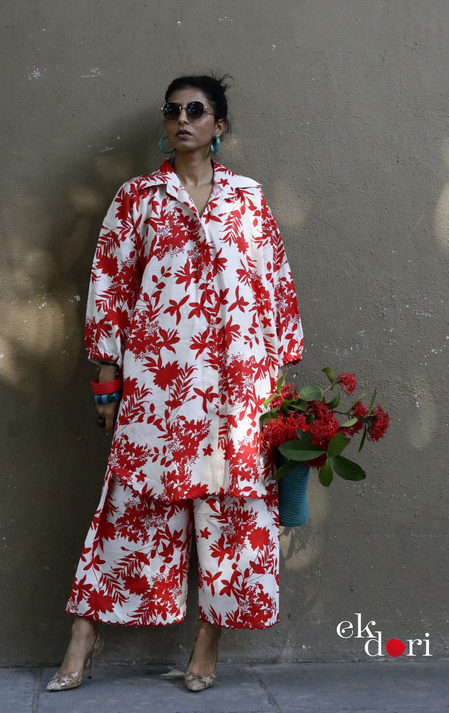 'Gulmohar Tree' Scalloped Kurta Co-ord Set : Buy Cotton Linen Kurta Palazzo Fun Co-ord Set