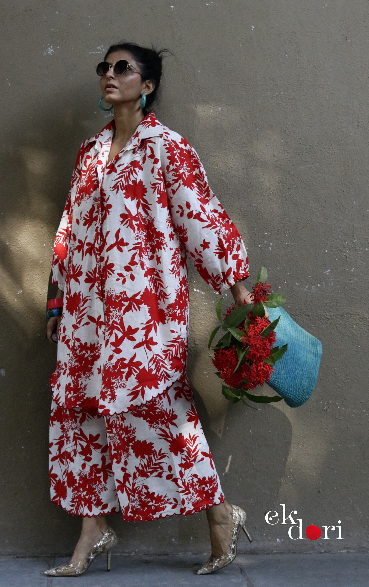 'Gulmohar Tree' Scalloped Kurta Co-ord Set : Buy Cotton Linen Kurta Palazzo Fun Co-ord Set