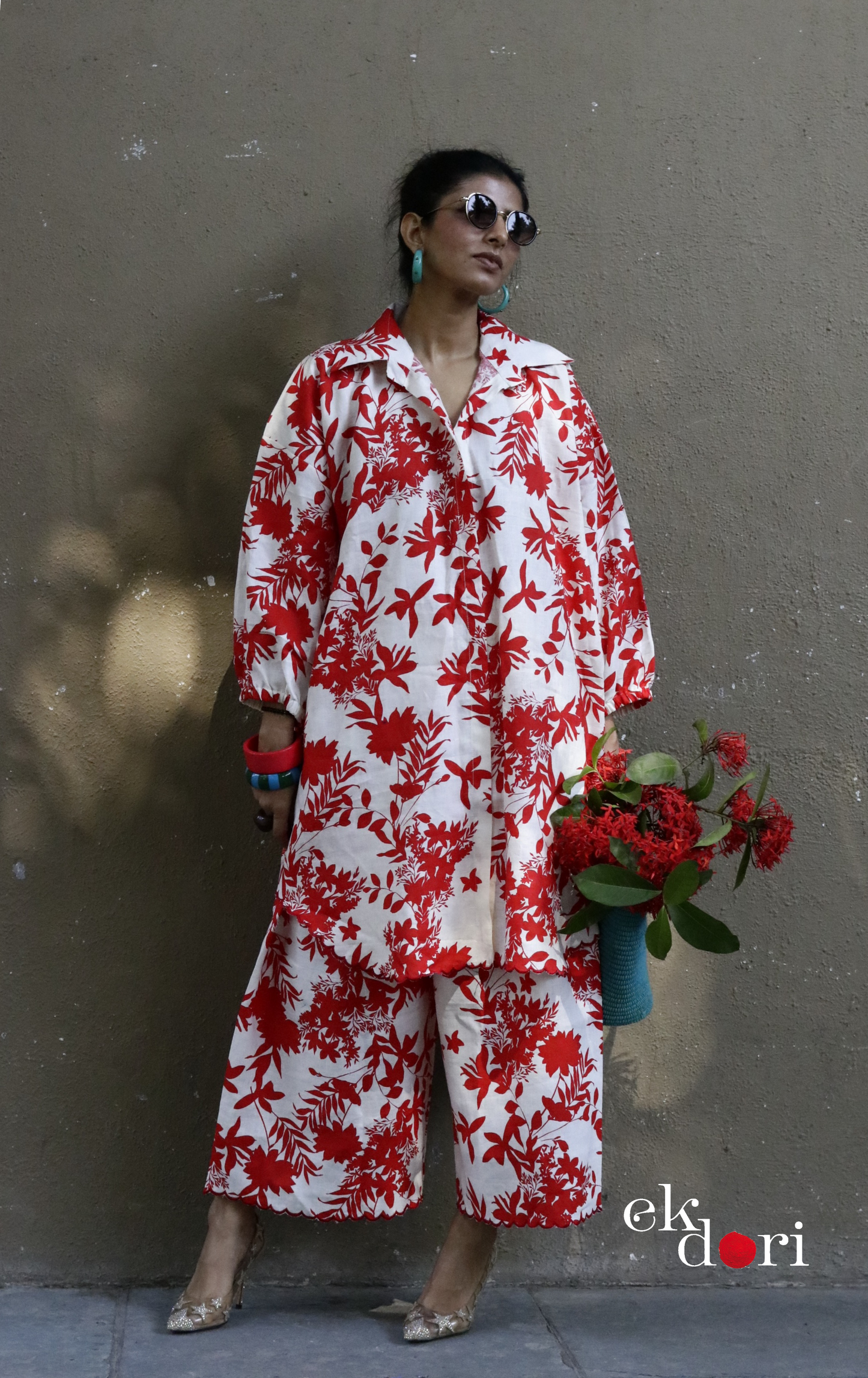 'Gulmohar Tree' Scalloped Kurta Co-ord Set : Buy Cotton Linen Kurta Palazzo Fun Co-ord Set