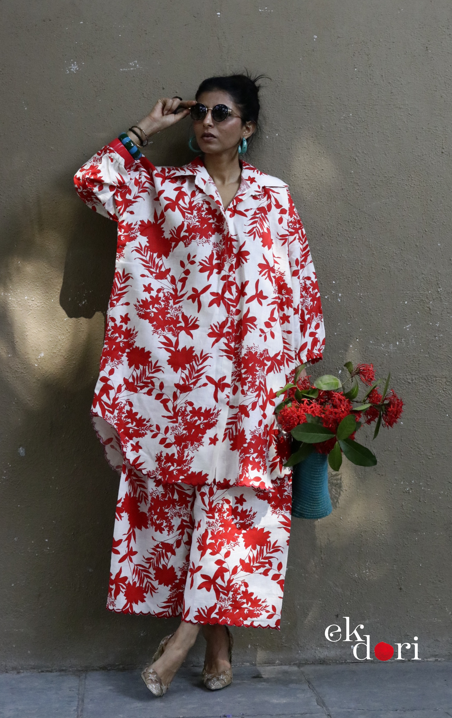 'Gulmohar Tree' Scalloped Kurta Co-ord Set : Buy Cotton Linen Kurta Palazzo Fun Co-ord Set