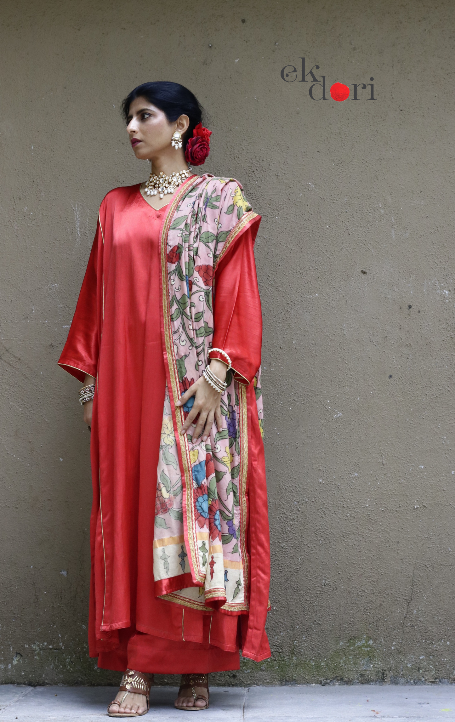 Mashru Kurta Co-ord Set in Red With Kalamkari Dupatta : Buy 'Gulaal' Kurta Palazzo Dupatta Festive Co-ord Set