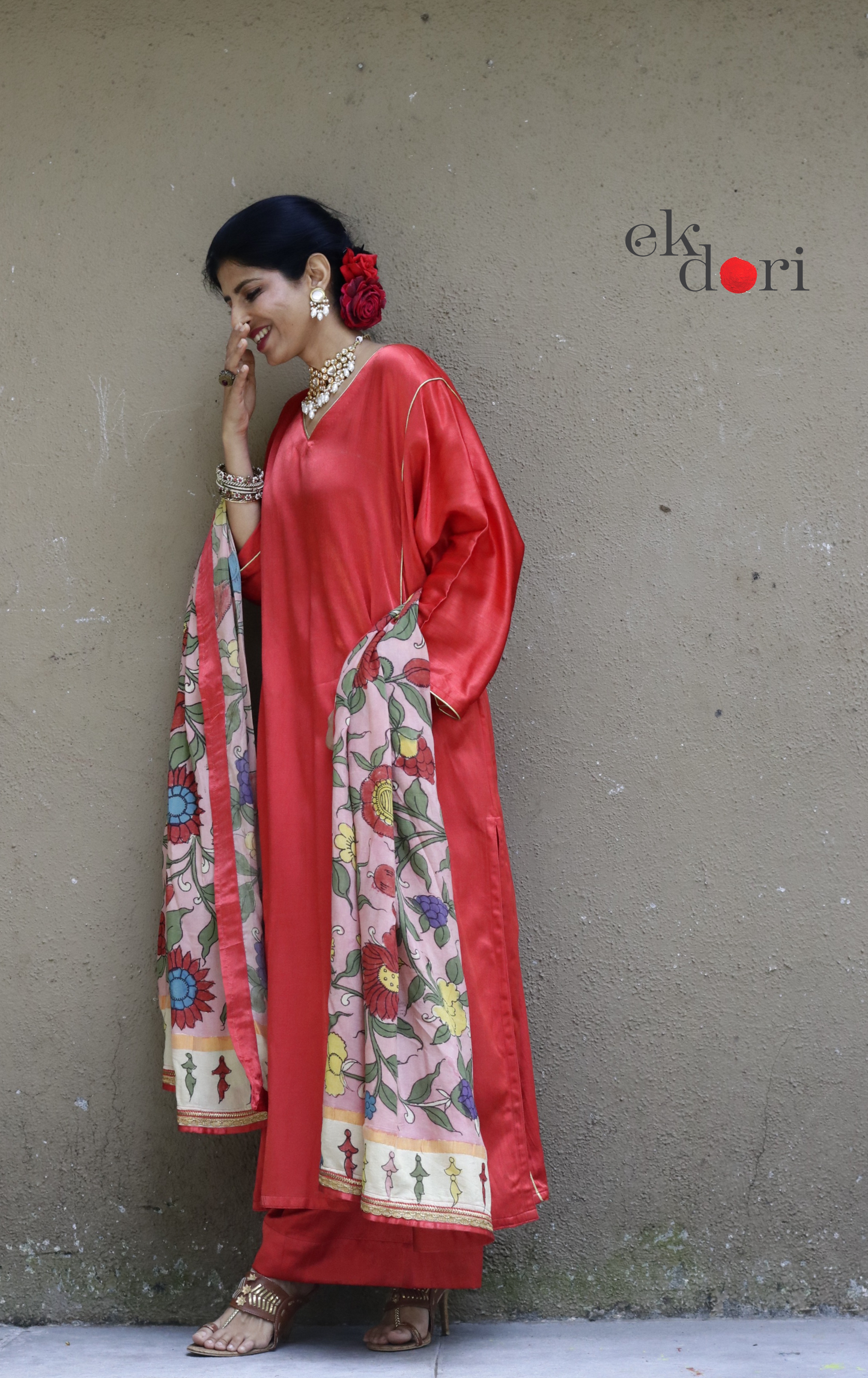 Mashru Kurta Co-ord Set in Red With Kalamkari Dupatta : Buy 'Gulaal' Kurta Palazzo Dupatta Festive Co-ord Set