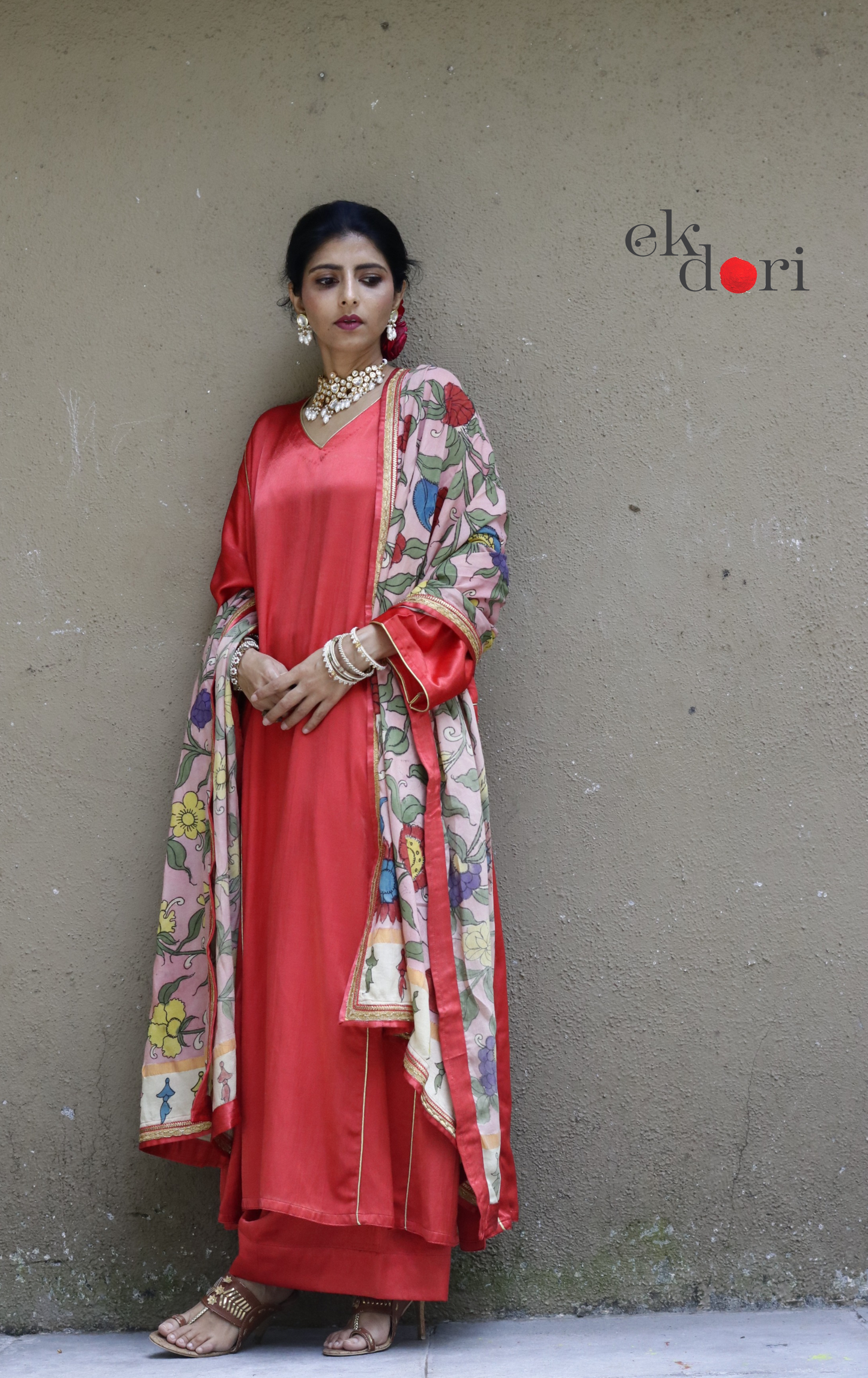 Mashru Kurta Co-ord Set in Red With Kalamkari Dupatta : Buy 'Gulaal' Kurta Palazzo Dupatta Festive Co-ord Set
