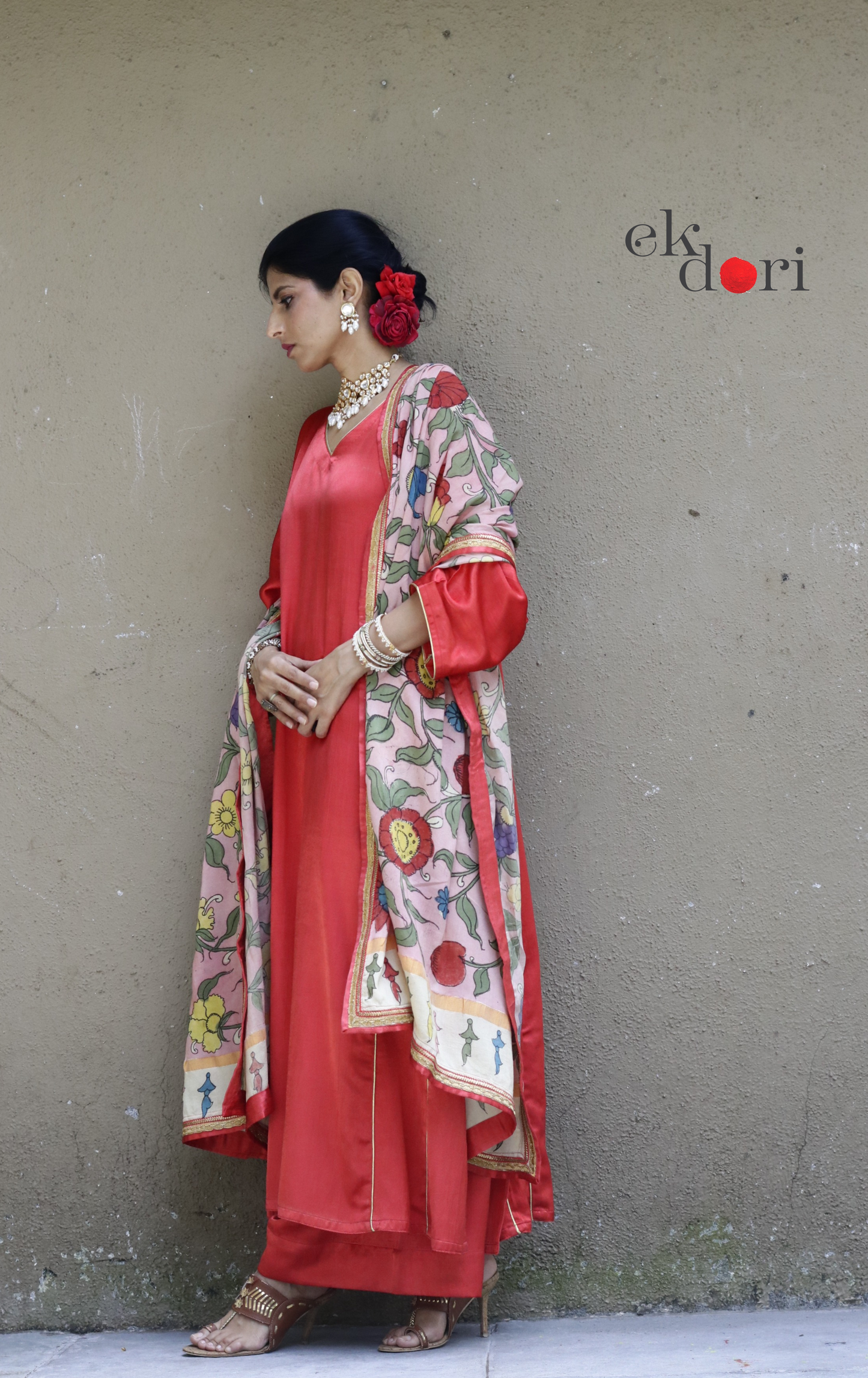 Mashru Kurta Co-ord Set in Red With Kalamkari Dupatta : Buy 'Gulaal' Kurta Palazzo Dupatta Festive Co-ord Set