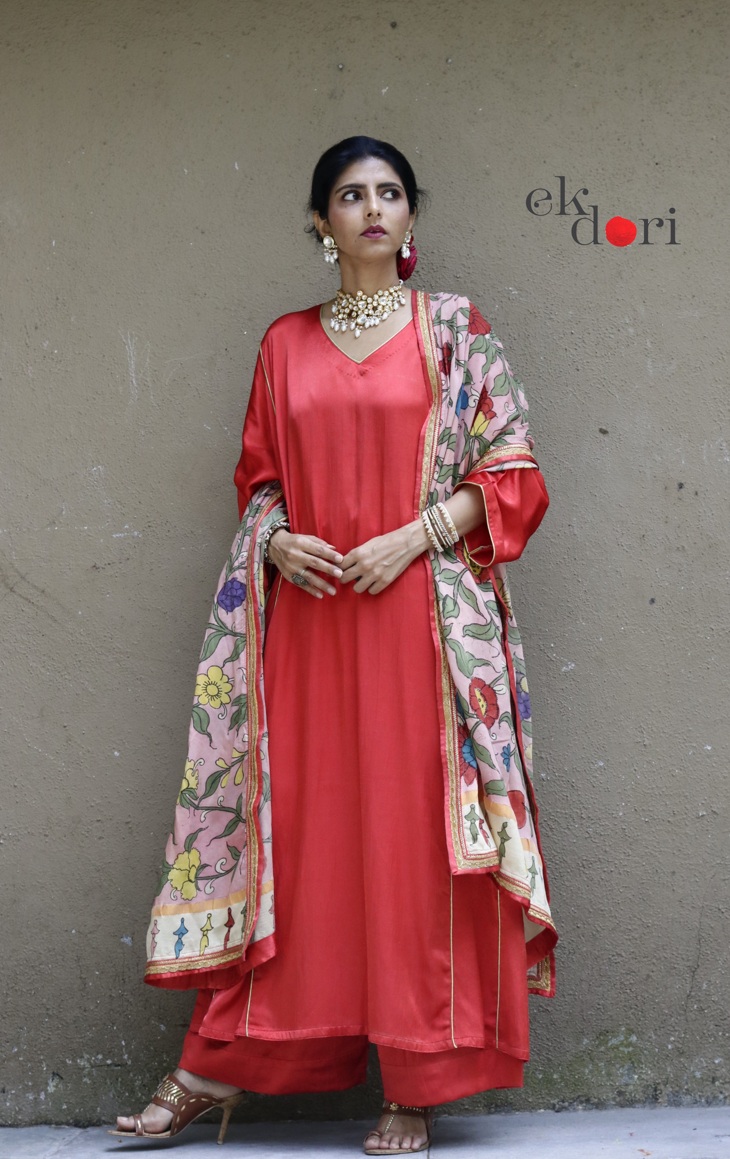 Mashru Kurta Co-ord Set in Red With Kalamkari Dupatta : Buy 'Gulaal' Kurta Palazzo Dupatta Festive Co-ord Set