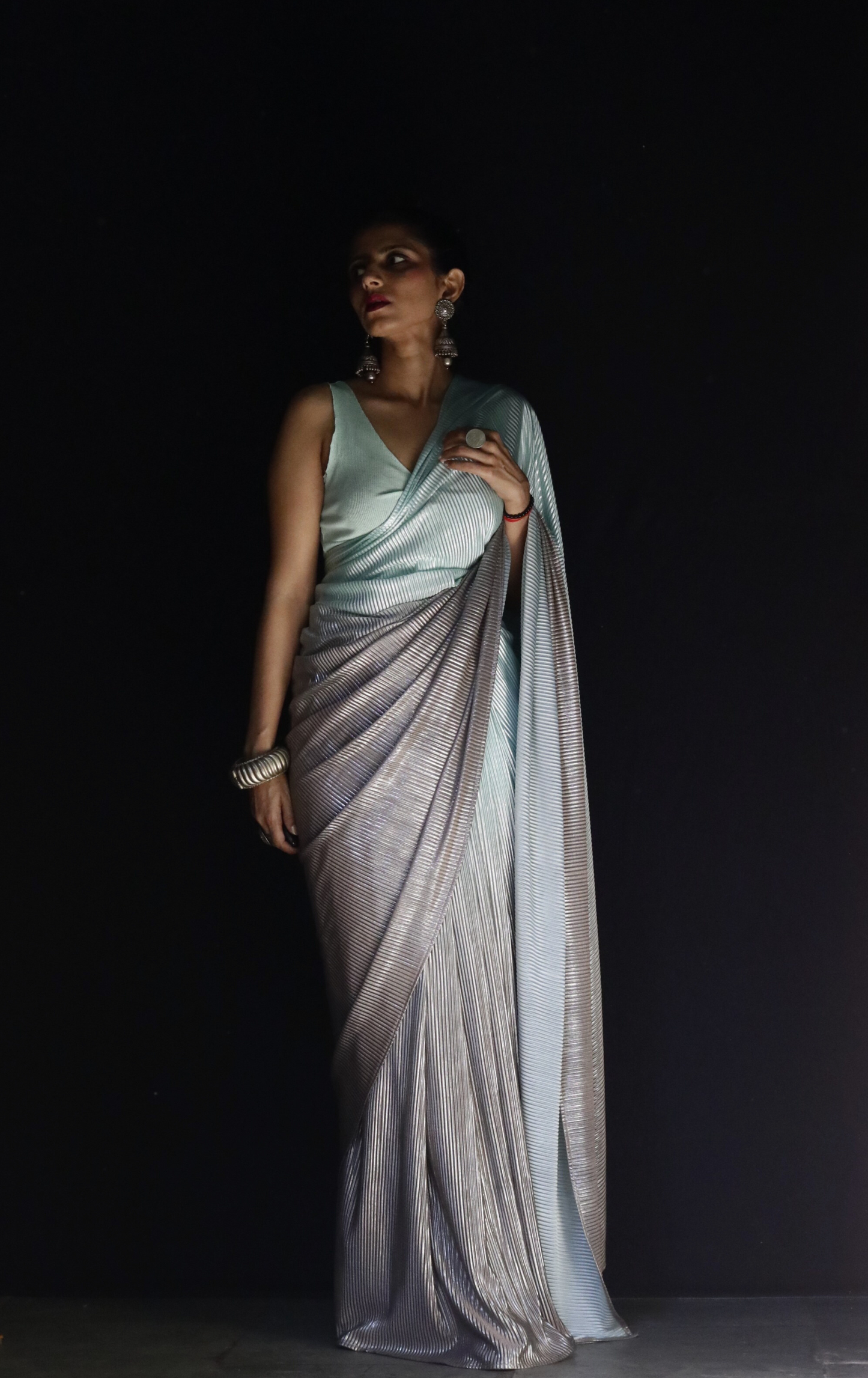 'Sea Foam' Metallic Micro Pleated Designer Saree : Metallic Cocktail evening Saree