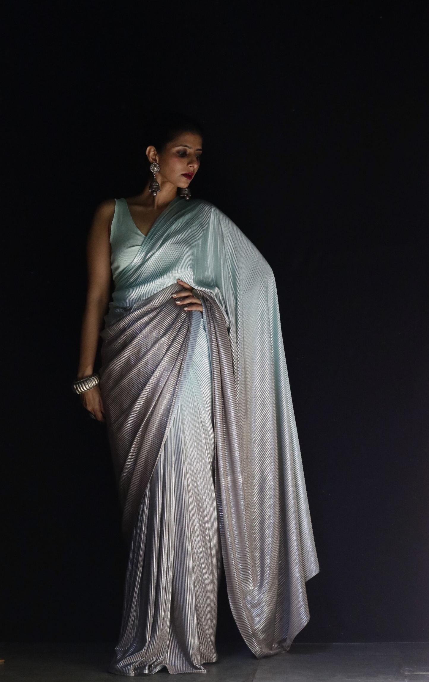 'Sea Foam' Metallic Micro Pleated Designer Saree : Metallic Cocktail evening Saree