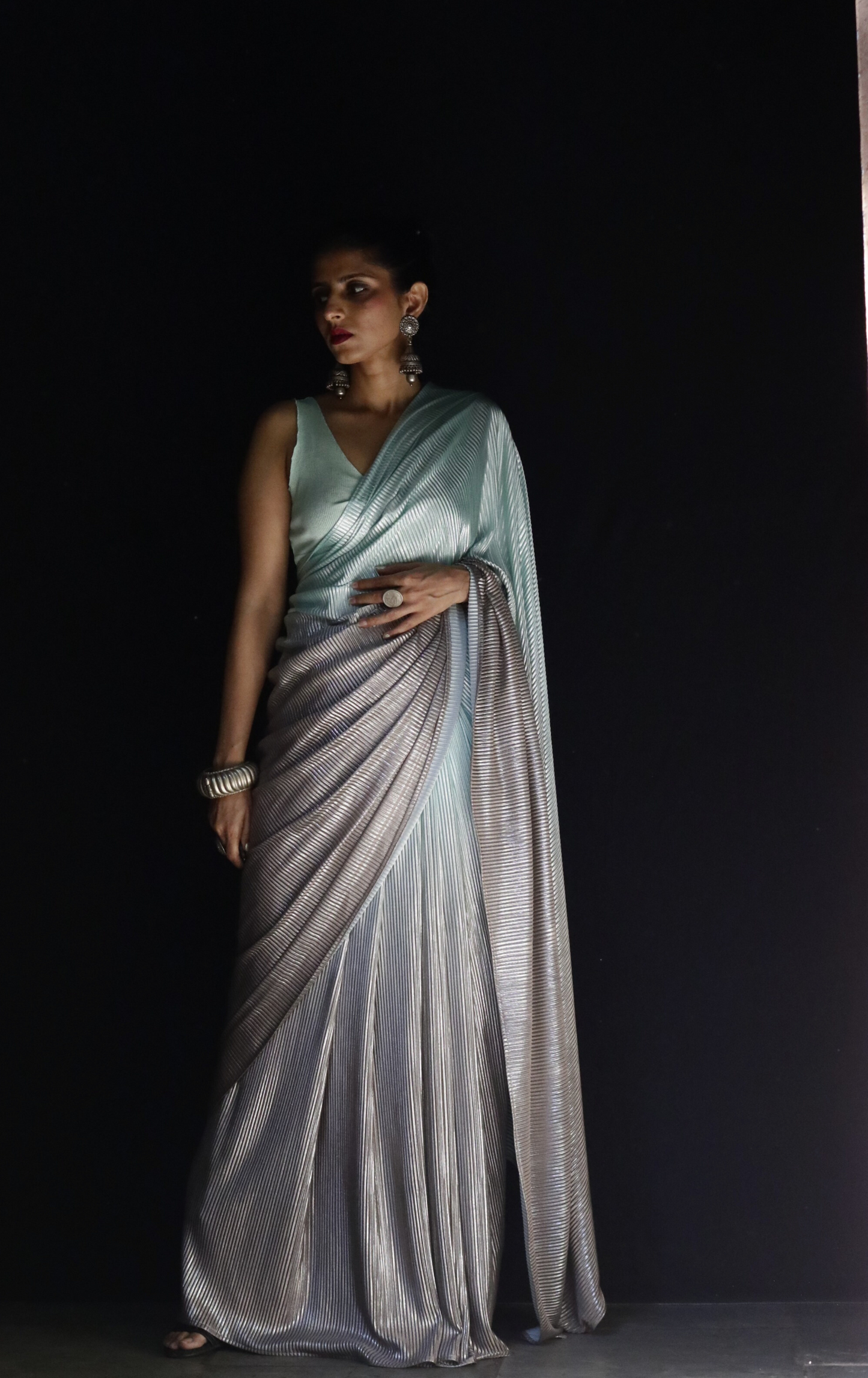 'Sea Foam' Metallic Micro Pleated Designer Saree : Metallic Cocktail evening Saree