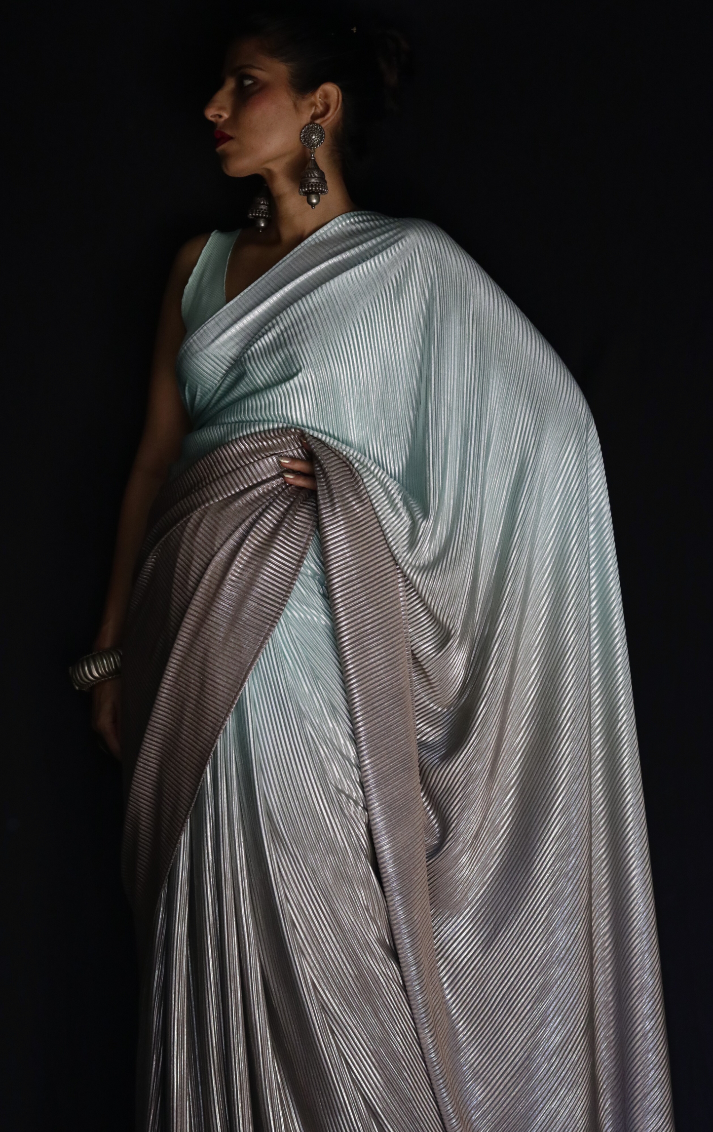 'Sea Foam' Metallic Micro Pleated Designer Saree : Metallic Cocktail evening Saree