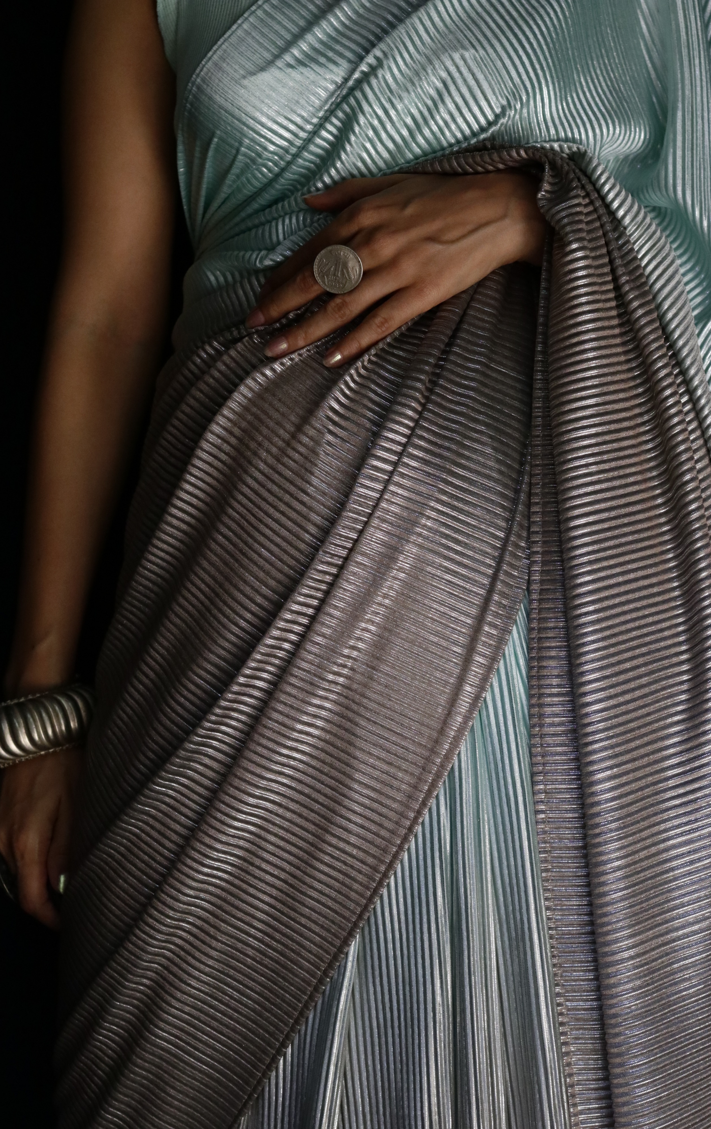 'Sea Foam' Metallic Micro Pleated Designer Saree : Metallic Cocktail evening Saree