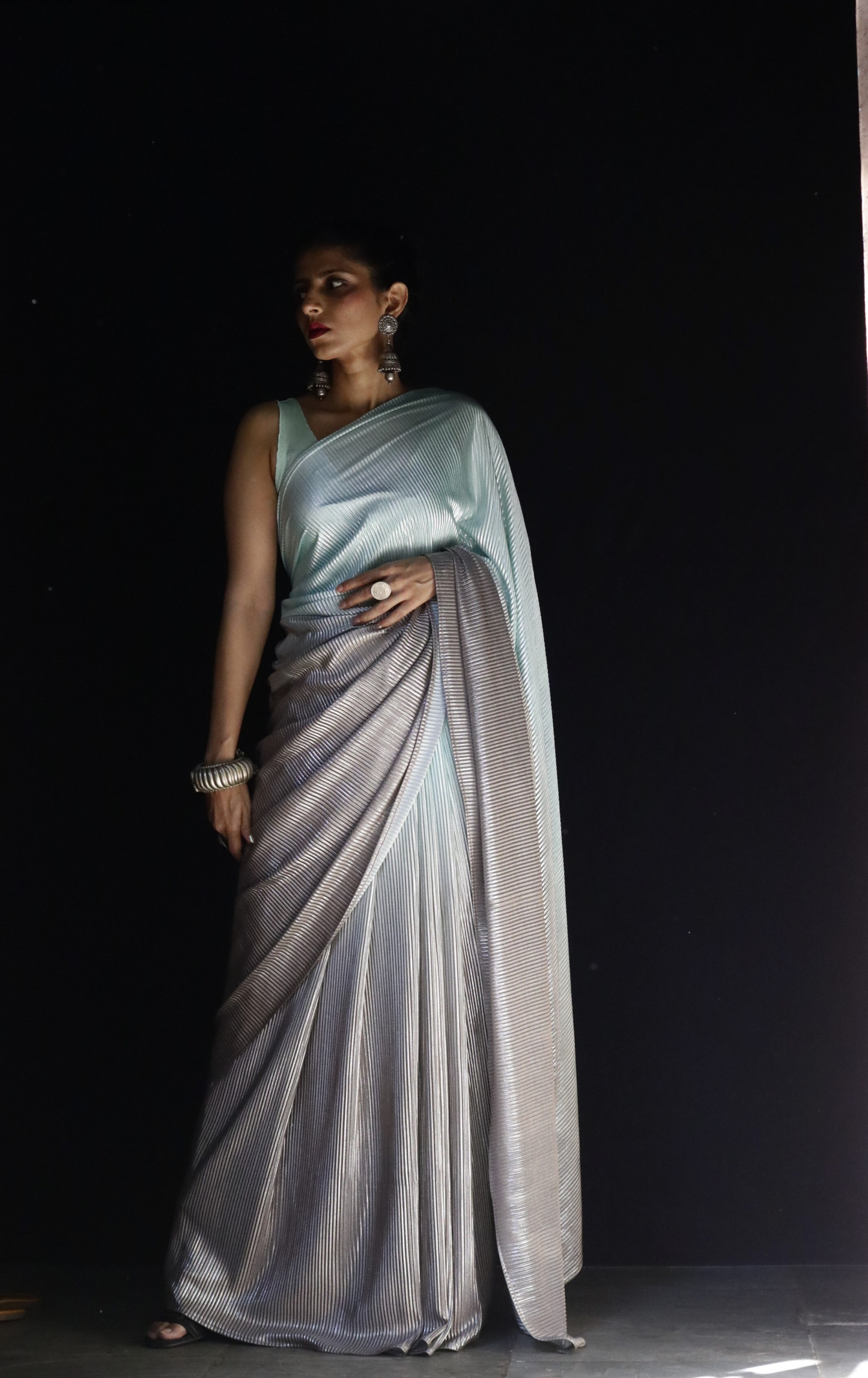 'Sea Foam' Metallic Micro Pleated Designer Saree : Metallic Cocktail evening Saree