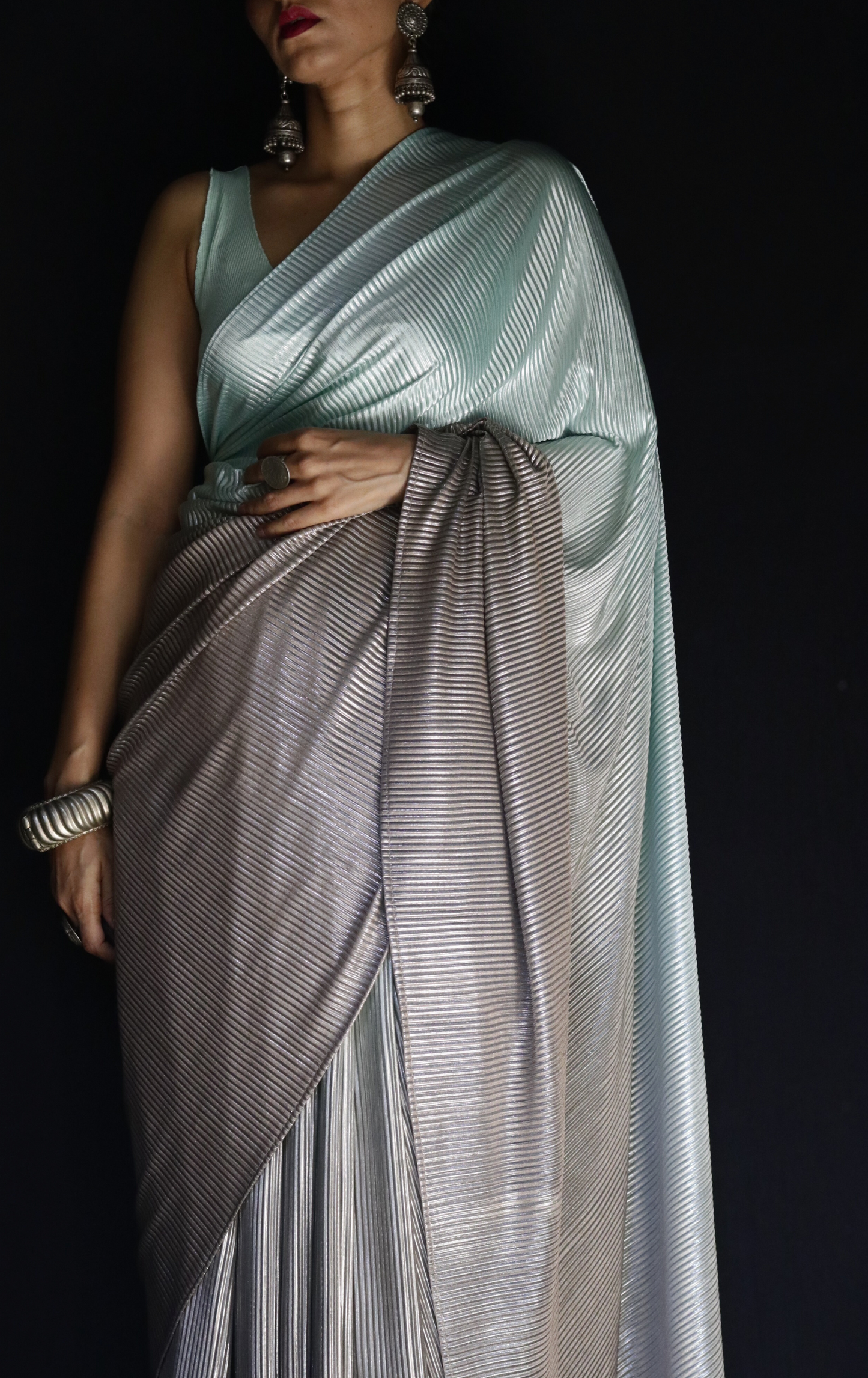 'Sea Foam' Metallic Micro Pleated Designer Saree : Metallic Cocktail evening Saree
