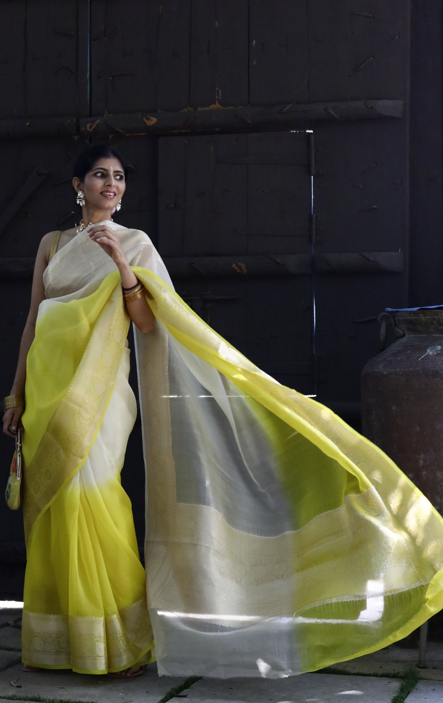 Buy 'Lemon Blossoms' Pure Organza Silk Saree With Banarasi Border: Summer Silk Banarasi Organza Saree