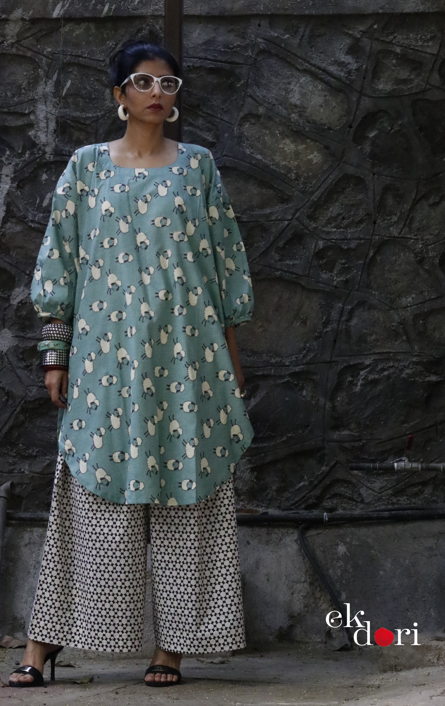 Cotton Kurta Co-Ord Set 'White Sheep' : Buy Palazzo Pant Kurta Cotton Co-ord Set In Fun Sheep Print