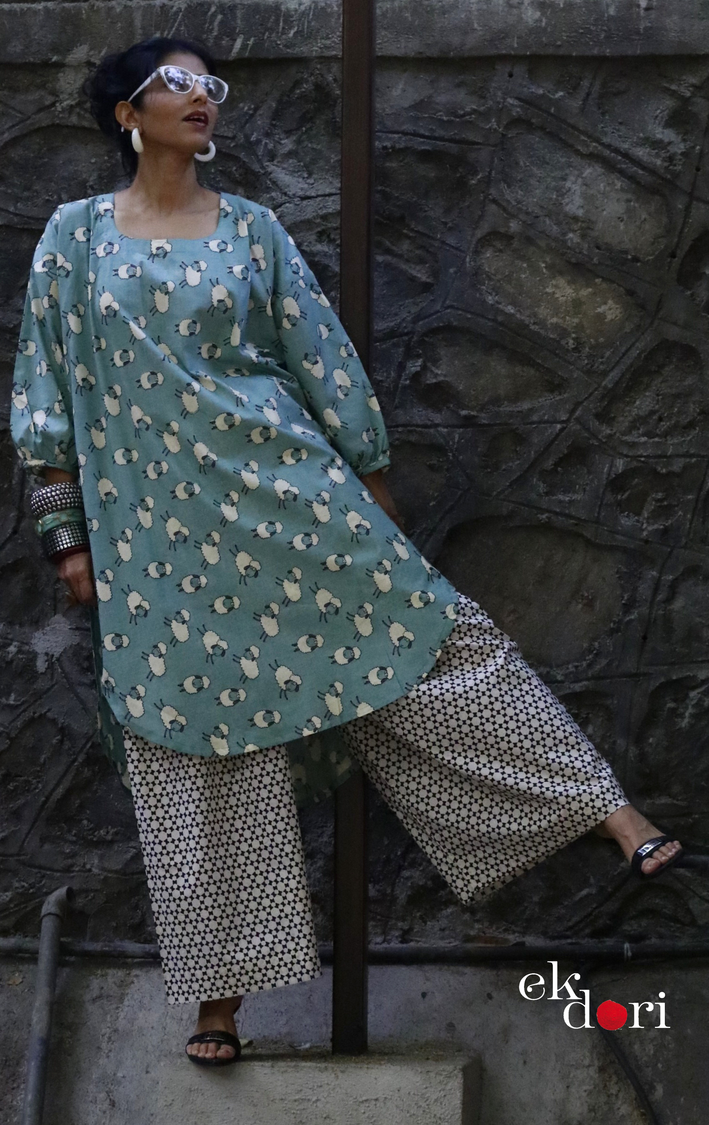 Cotton Kurta Co-Ord Set 'White Sheep' : Buy Palazzo Pant Kurta Cotton Co-ord Set In Fun Sheep Print