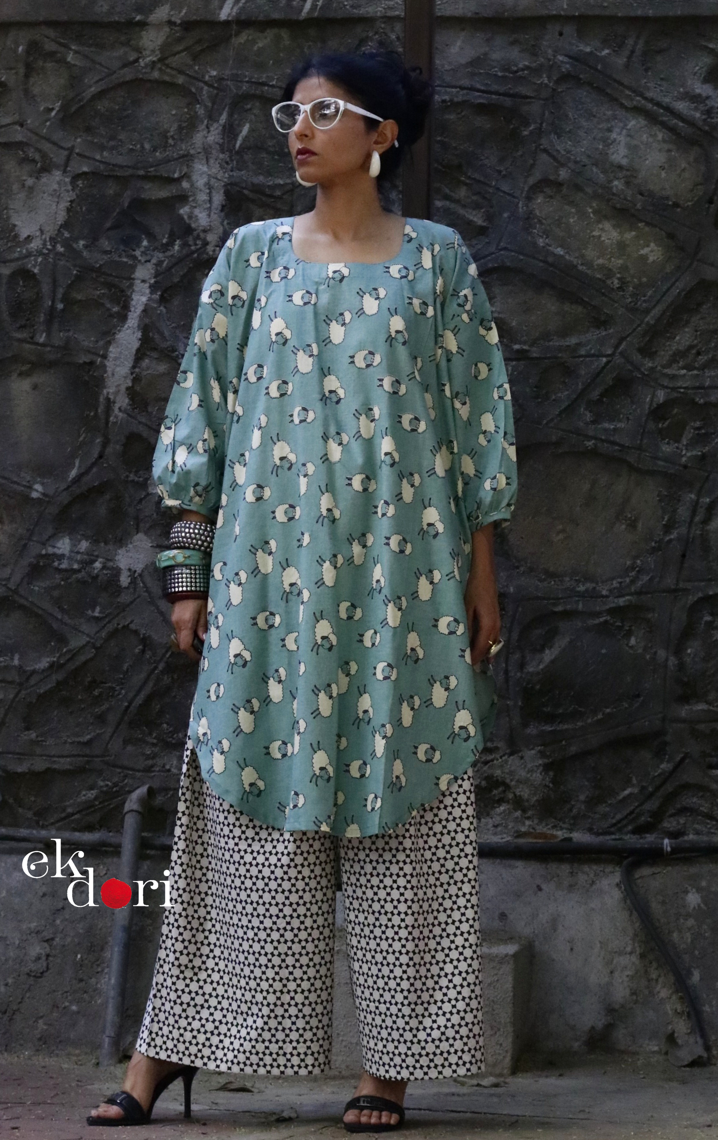 Cotton Kurta Co-Ord Set 'White Sheep' : Buy Palazzo Pant Kurta Cotton Co-ord Set In Fun Sheep Print