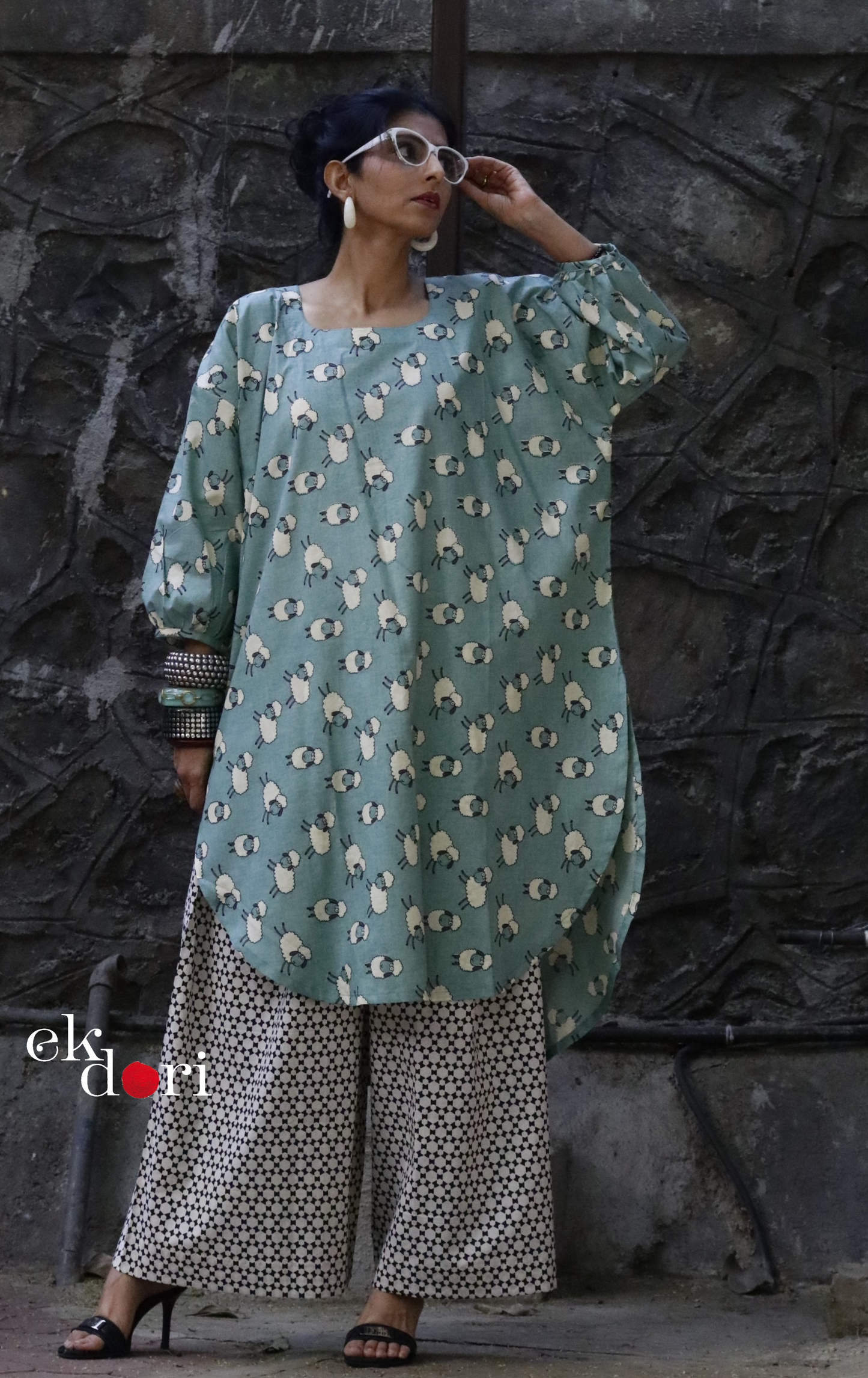 Cotton Kurta Co-Ord Set 'White Sheep' : Buy Palazzo Pant Kurta Cotton Co-ord Set In Fun Sheep Print