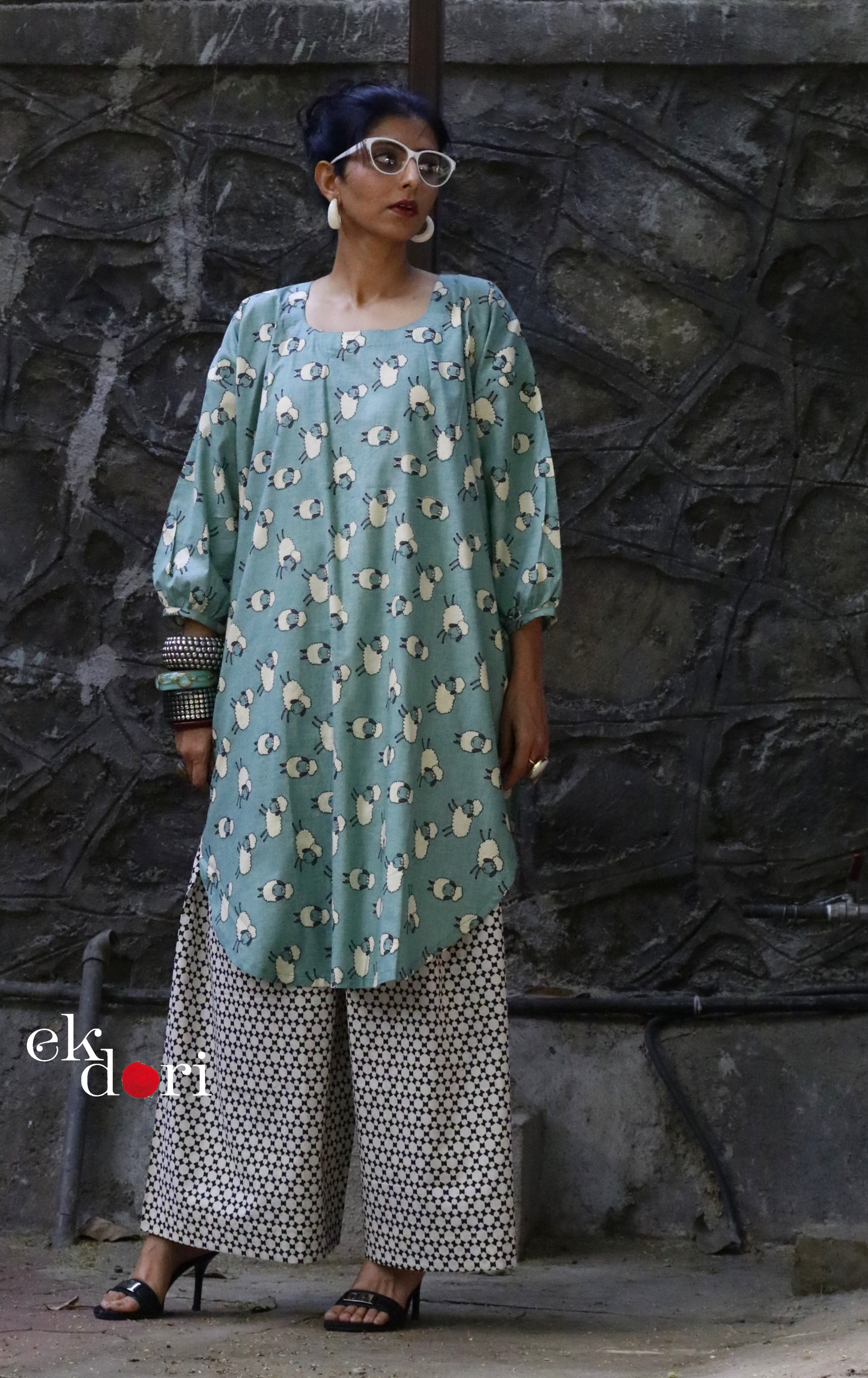 Cotton Kurta Co-Ord Set 'White Sheep' : Buy Palazzo Pant Kurta Cotton Co-ord Set In Fun Sheep Print