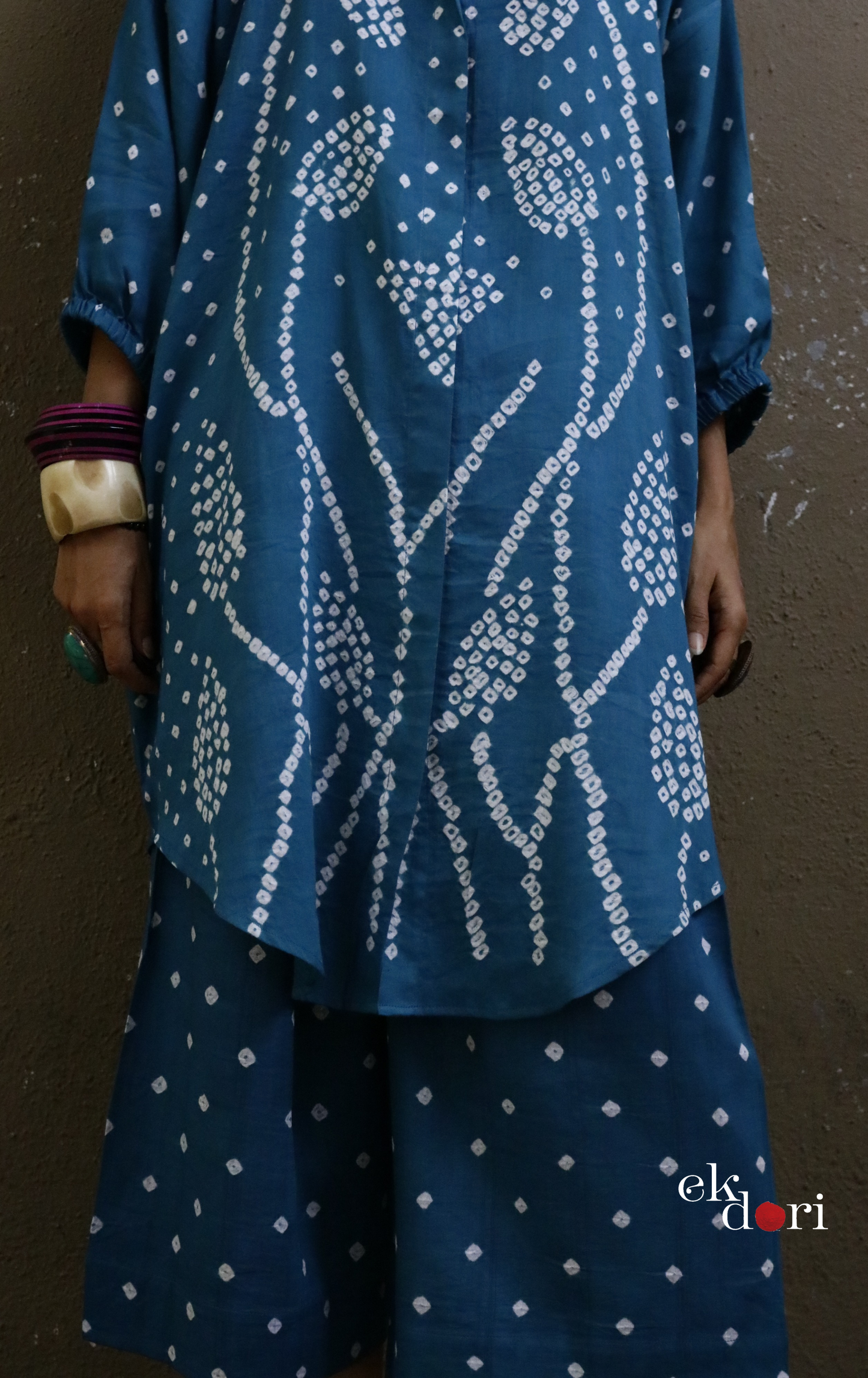 Teal Bandhani 'Flower Garden' Cotton Co-ord Set (XXL) : Buy Kurta Palazzo Cotton Co-ord Set