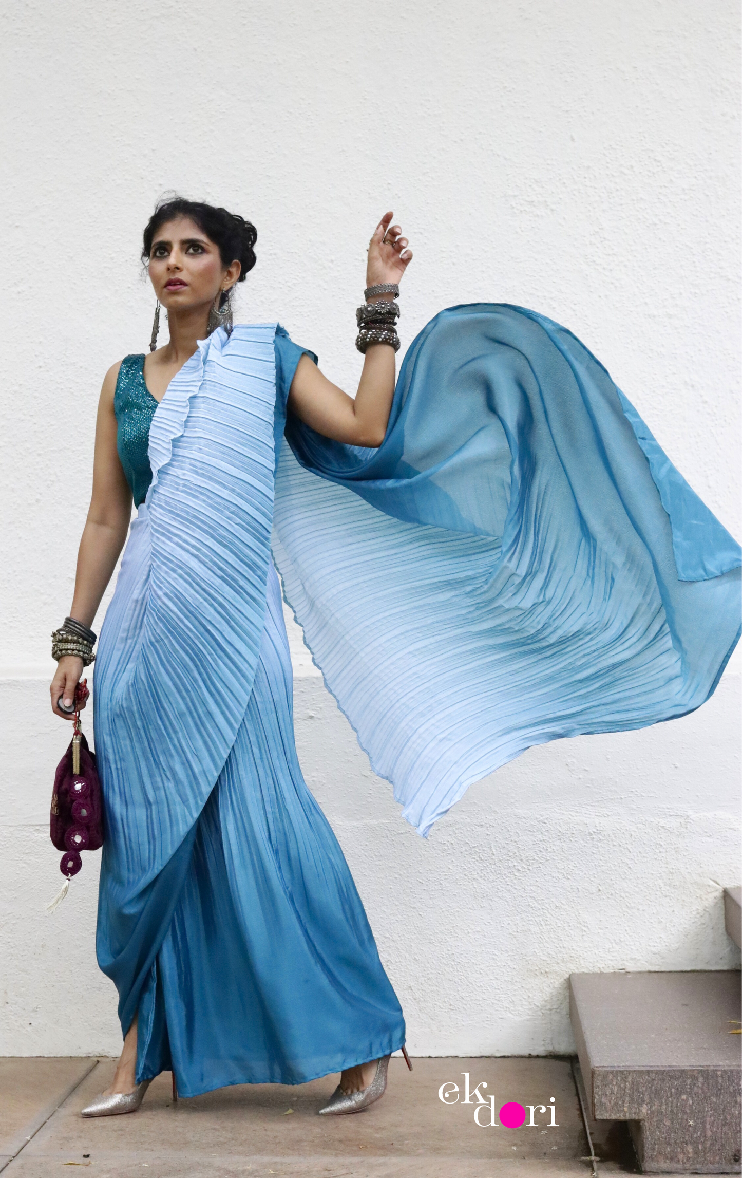 'Teal Treasures' Ready To Wear Draped Saree Skirt : Fun Modern Micropleated Quick Draped Saree