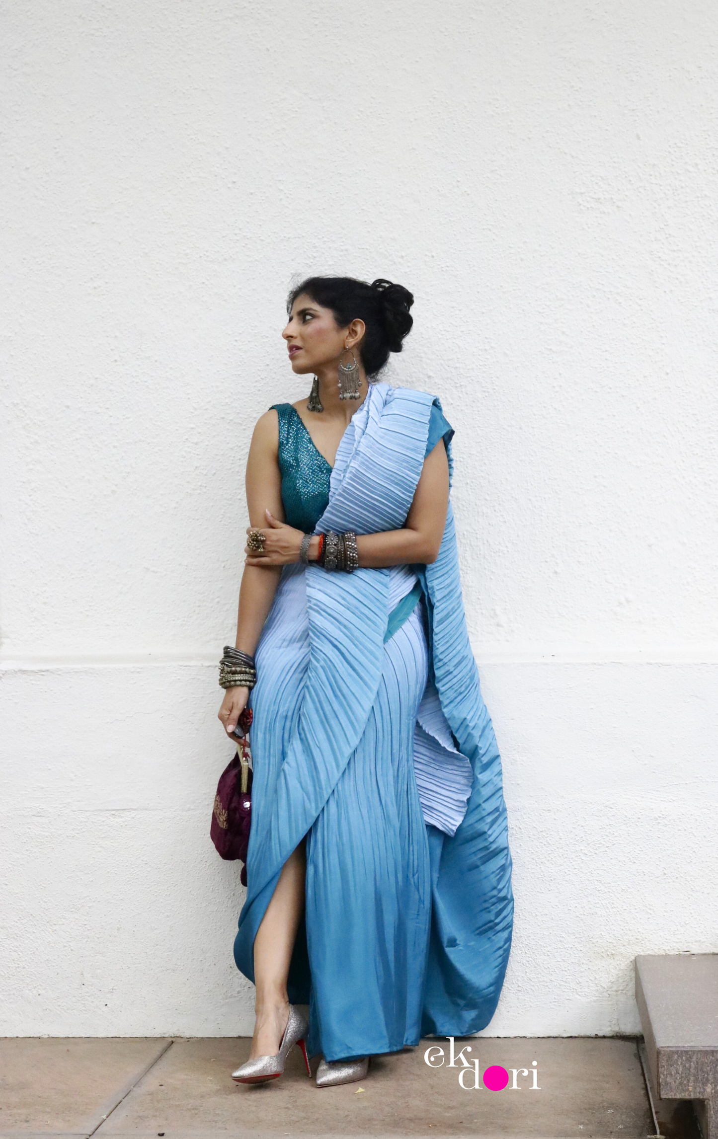 'Teal Treasures' Ready To Wear Draped Saree Skirt : Fun Modern Micropleated Quick Draped Saree