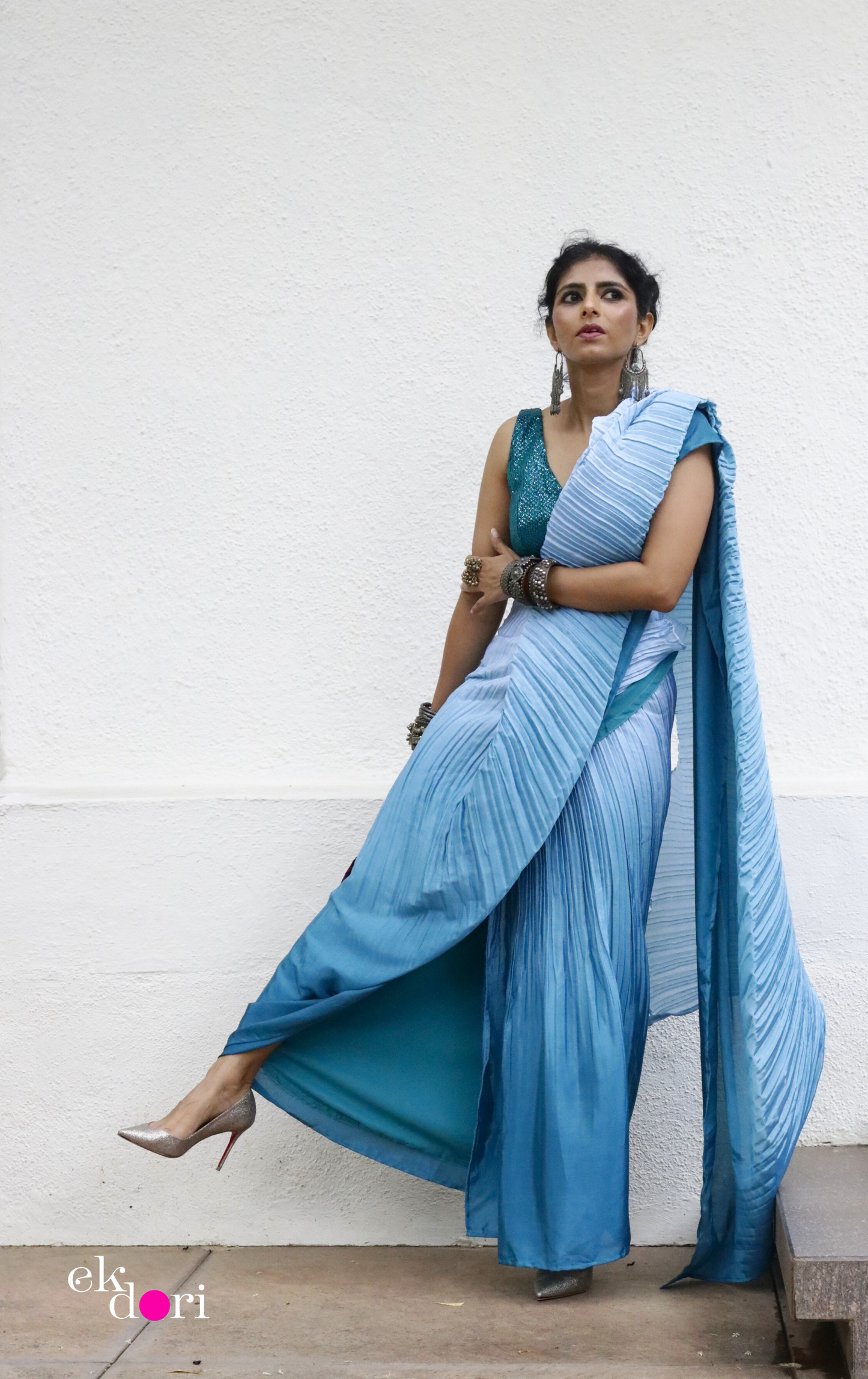 'Teal Treasures' Ready To Wear Draped Saree Skirt : Fun Modern Micropleated Quick Draped Saree