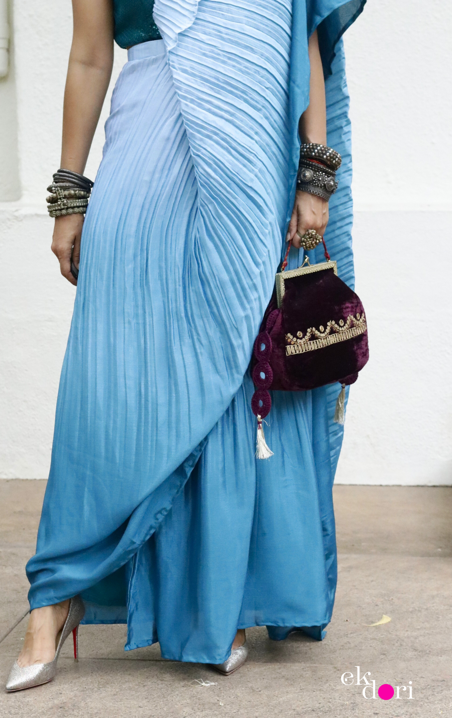 'Teal Treasures' Ready To Wear Draped Saree Skirt : Fun Modern Micropleated Quick Draped Saree