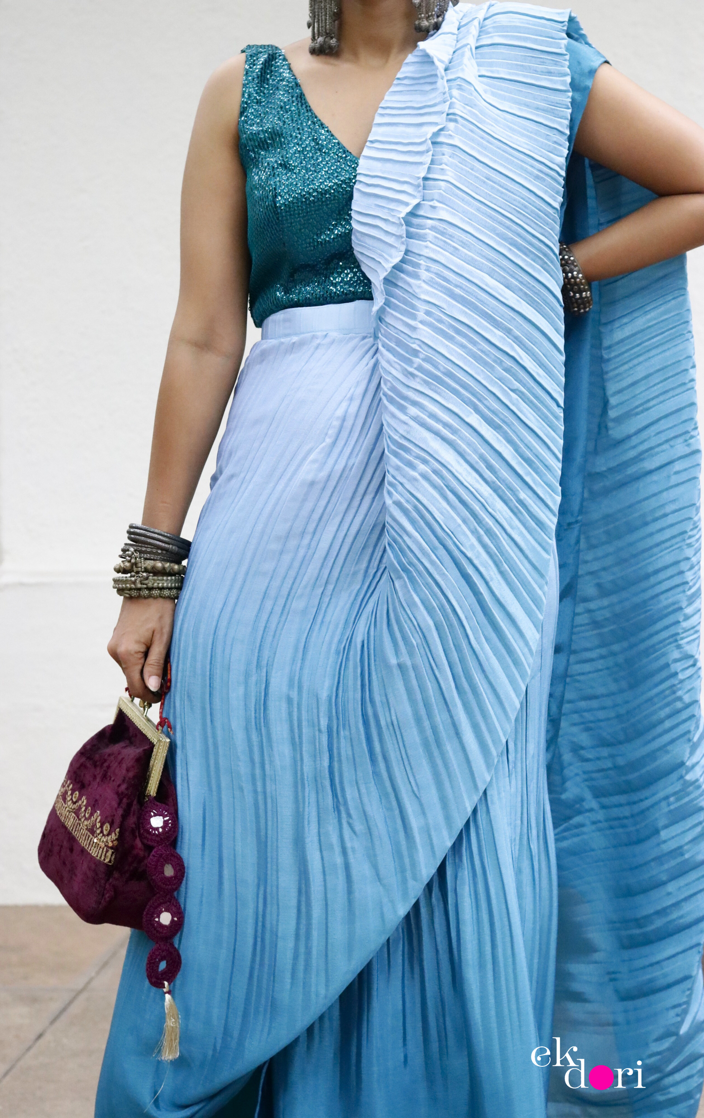 'Teal Treasures' Ready To Wear Draped Saree Skirt : Fun Modern Micropleated Quick Draped Saree