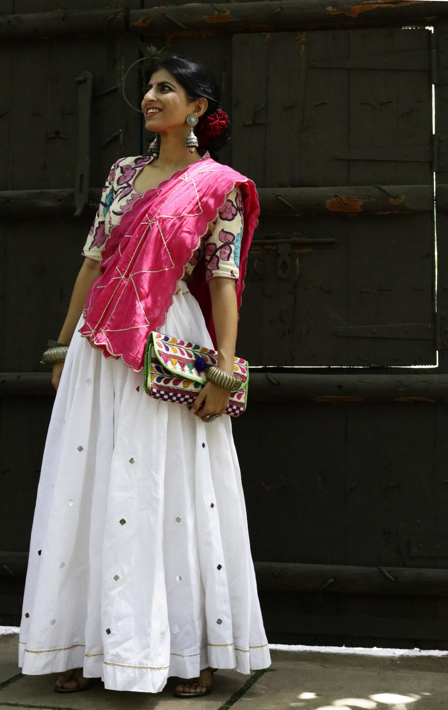 'Taj Mahal' Mirror Work Cotton Lehenga : Festive Ivory Colour Navratri Kutch Lehenga With Mirror Work