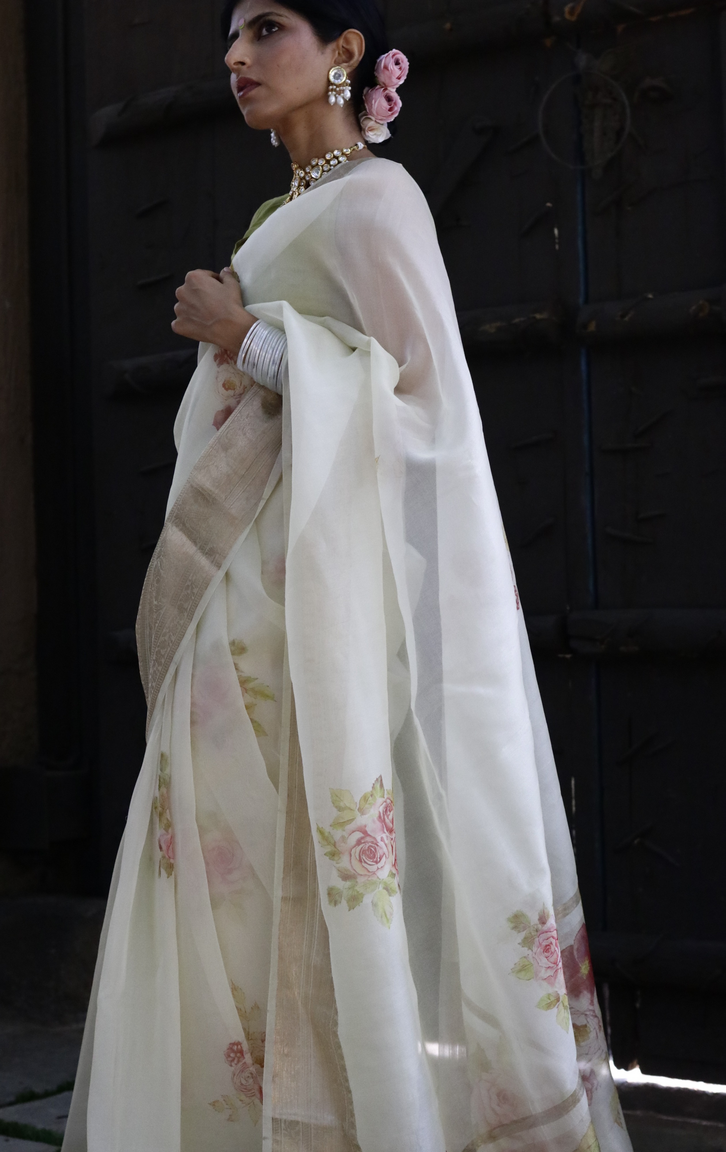 Buy 'Ivory Dreams' Pure Organza Silk Saree With Banarasi Border: Summer Silk Banarasi Organza Saree