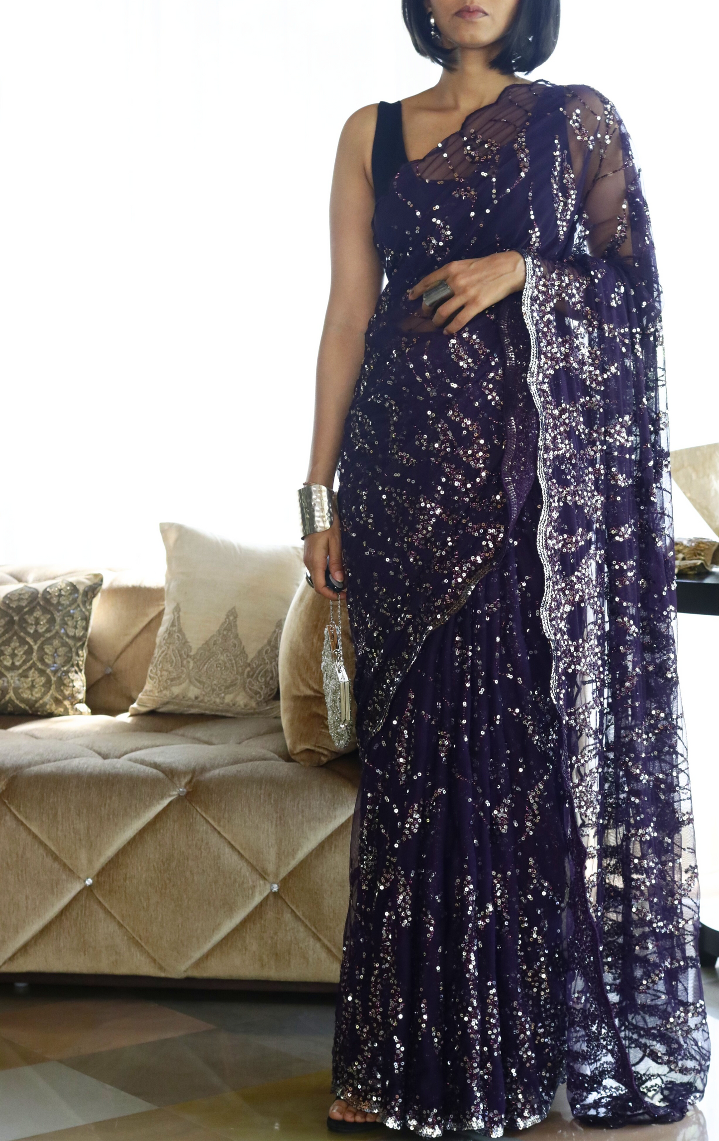 Silver Purple Sequin Cocktail Saree 'Plum Rum' : Festive Evening Sequin Cocktail Saree Collection