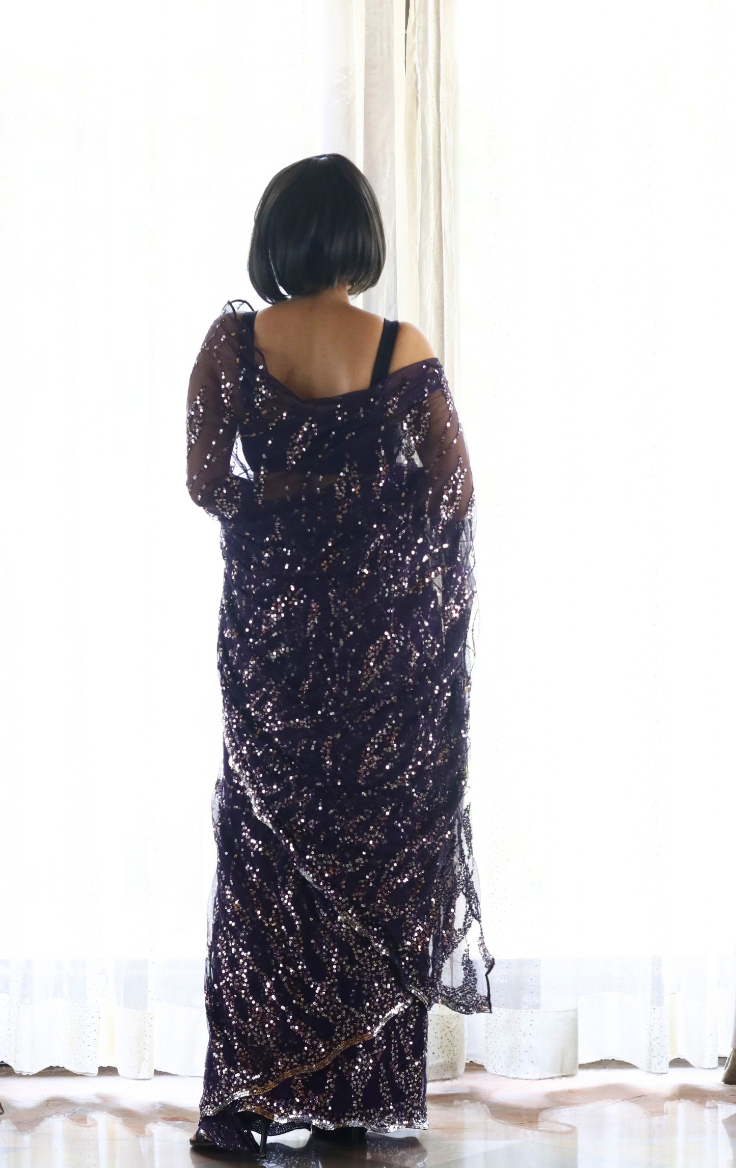 Silver Purple Sequin Cocktail Saree 'Plum Rum' : Festive Evening Sequin Cocktail Saree Collection