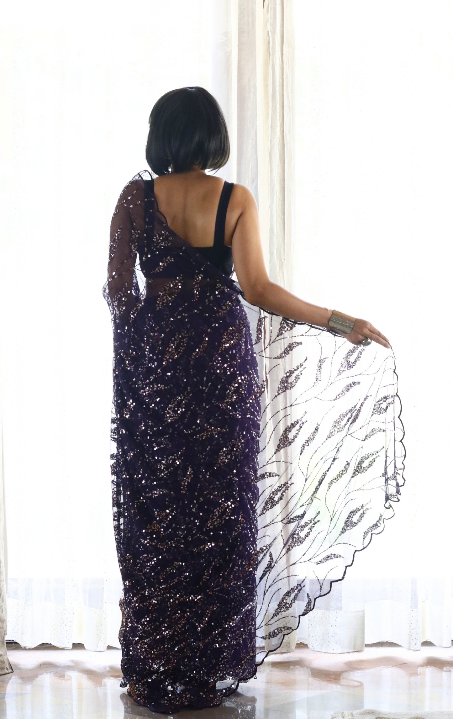 Silver Purple Sequin Cocktail Saree 'Plum Rum' : Festive Evening Sequin Cocktail Saree Collection