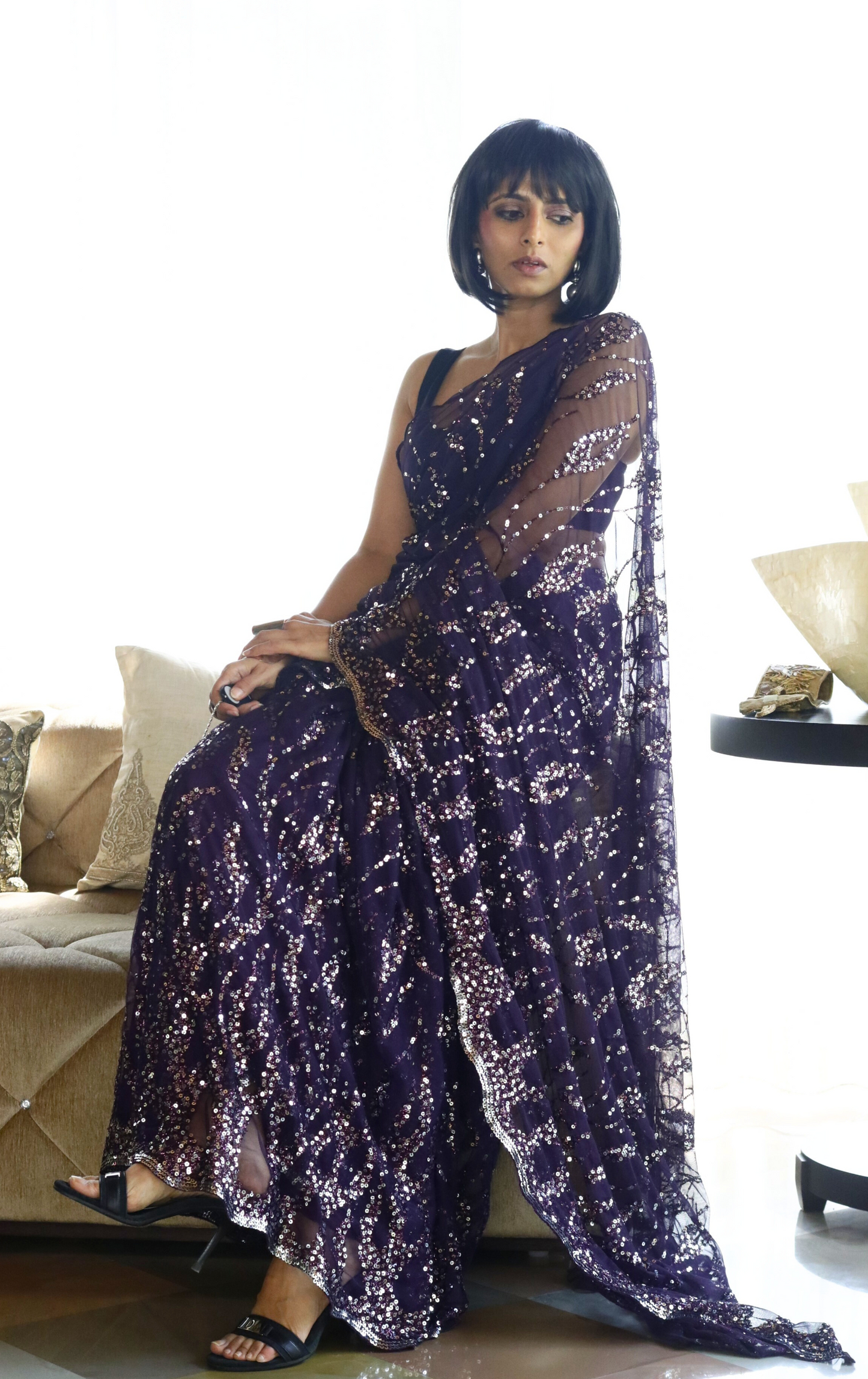Silver Purple Sequin Cocktail Saree 'Plum Rum' : Festive Evening Sequin Cocktail Saree Collection