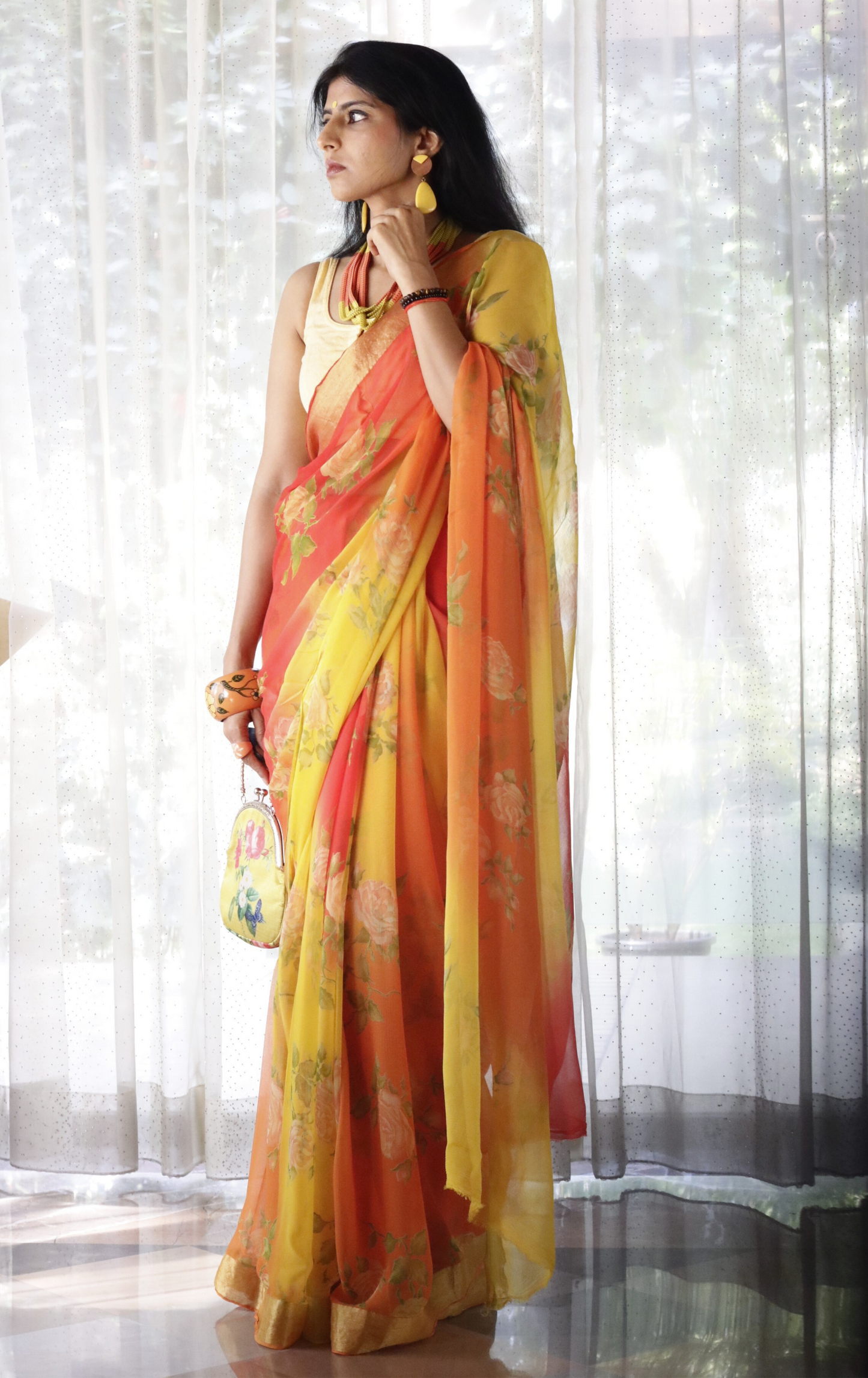 Buy Floral Chiffon Saree Online : 'Sunshine' Floral Semi Chiffon Saree With Zari Border