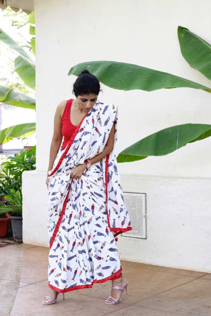 Cotton Printed Saree With Red Edges : A Carefree Stroll Cotton Saree :