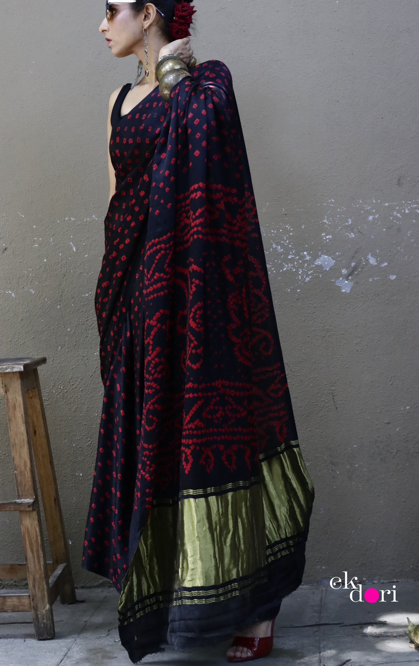 Buy Bandhani Designer Silk Saree Online : 'Poetry In Motion' Silk Bandhani Hand Dyed Saree