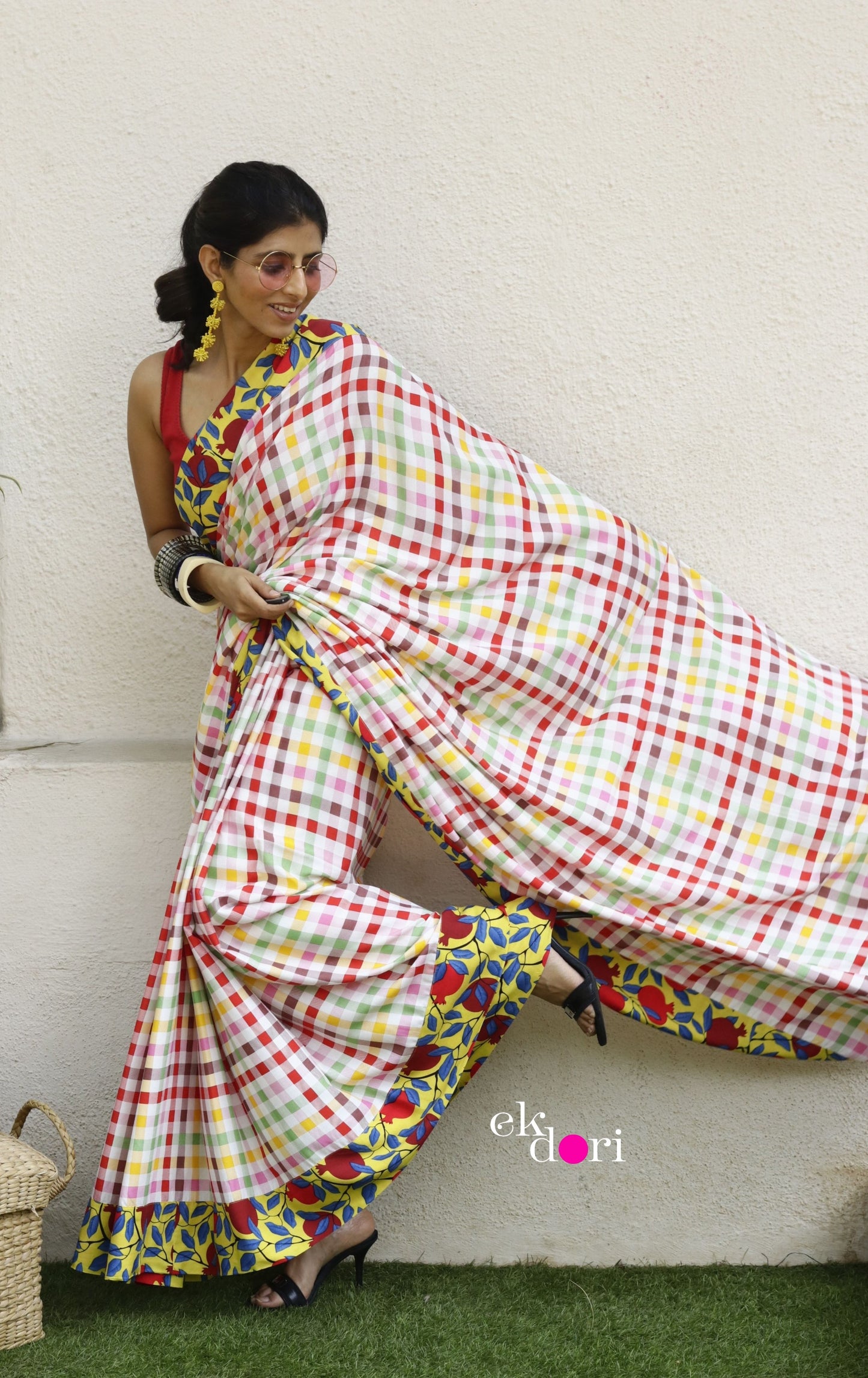 Checkmate Saree In Yellow : Fun Under The Sun Saree Collection : Fun Printed Sarees For Summer