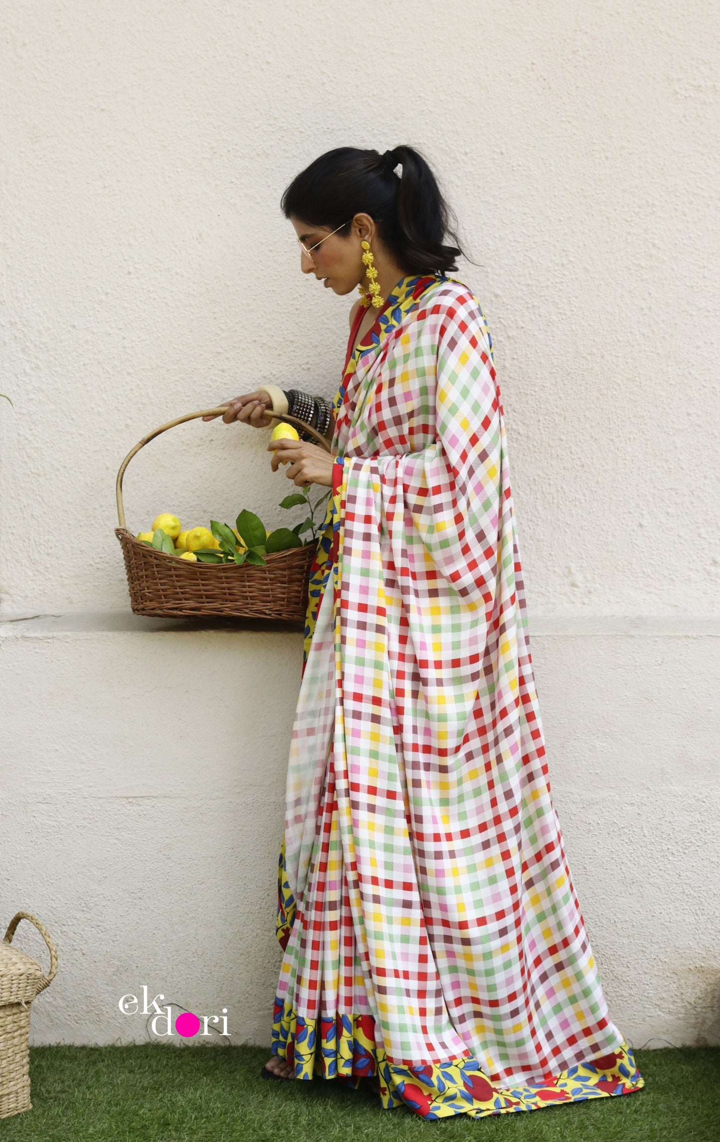 Checkmate Saree In Yellow : Fun Under The Sun Saree Collection : Fun Printed Sarees For Summer