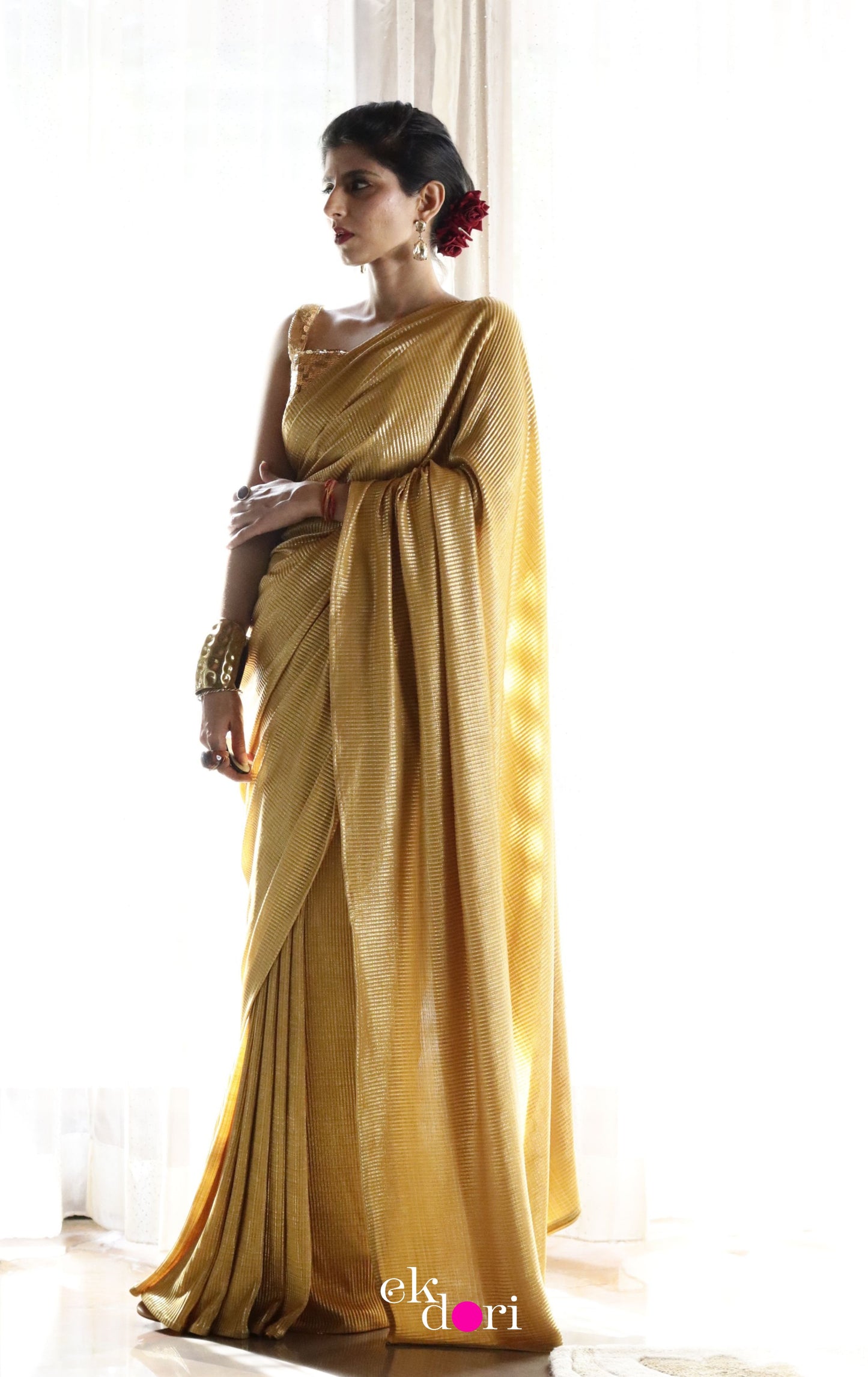 Gold Goddess : Micro Pleated Designer Saree : Metallic Gold Cocktail Saree