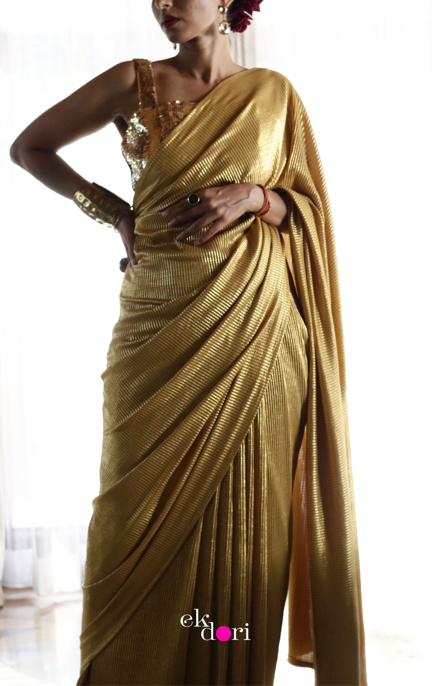 Gold Goddess : Micro Pleated Designer Saree : Metallic Gold Cocktail Saree