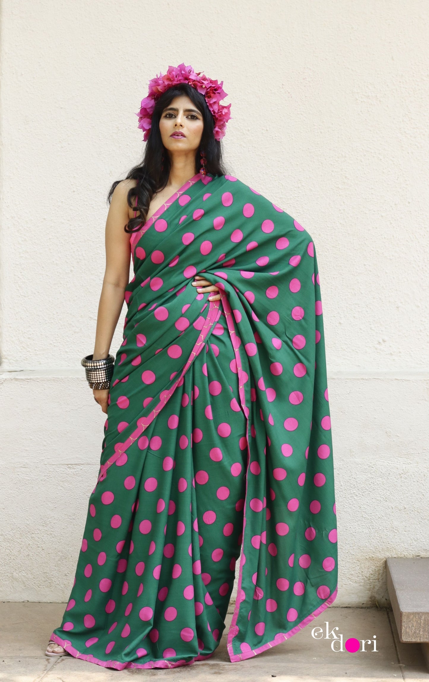 Pink Green Polka Dot Saree : Fun Under The Sun Saree Collection : Fun Printed Sarees For Summer