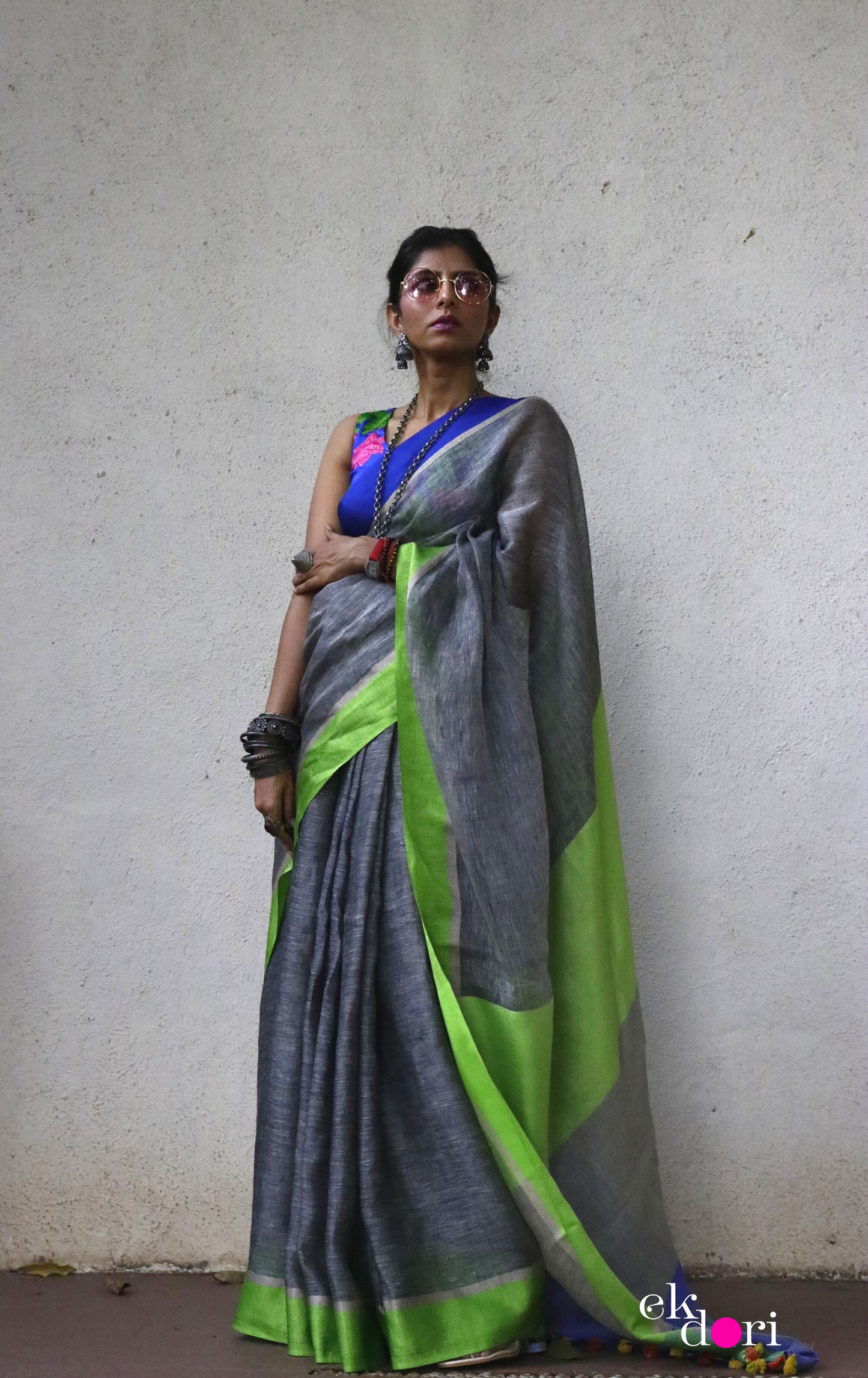 Buy Grey Linen Saree : Moonlit Night Grey Pure Linen Saree