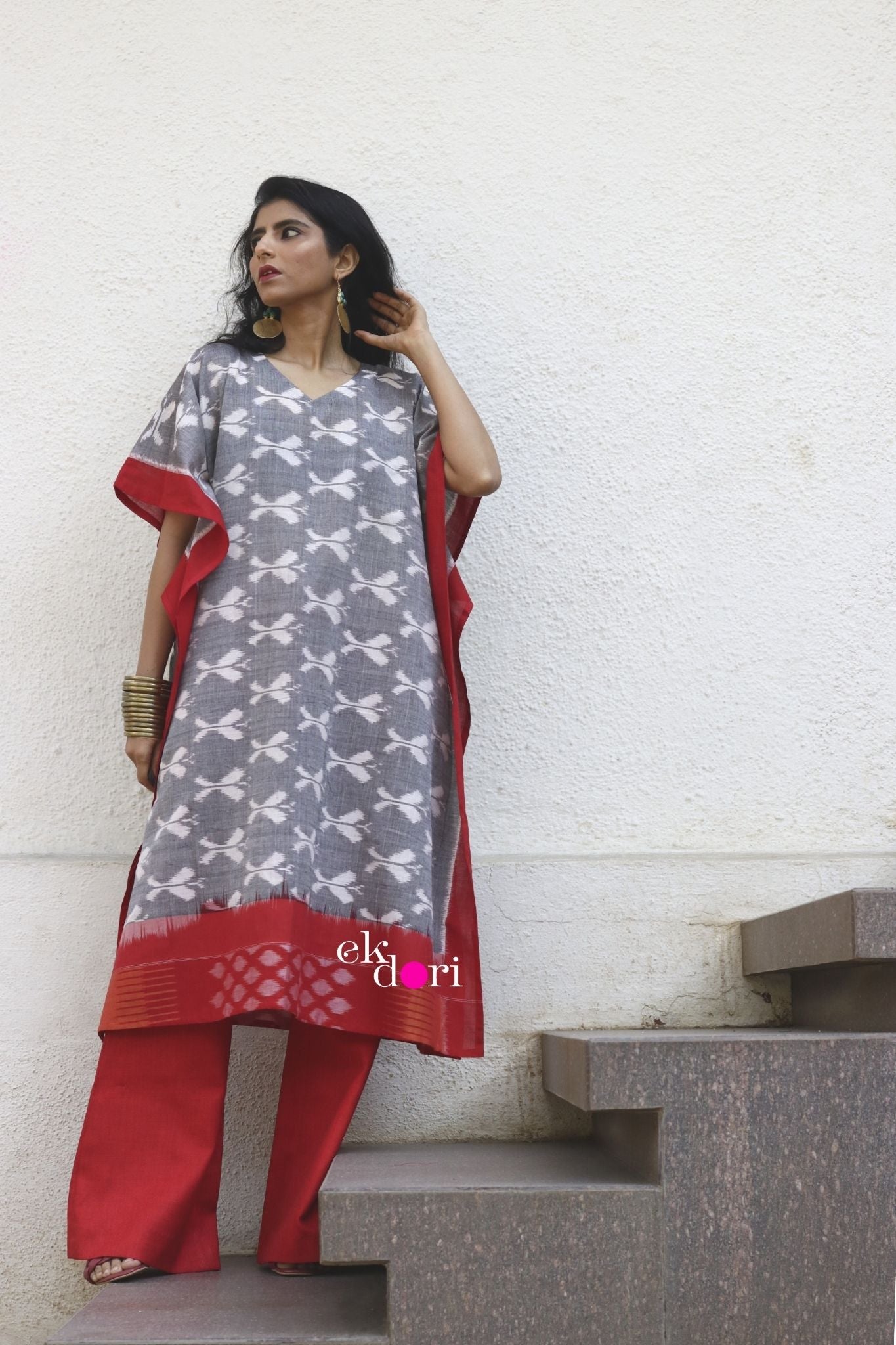 Monsoon Clouds Handloom Ikat Kaftan Kurta Dress : Grey Ikat Kaftan Kurta
