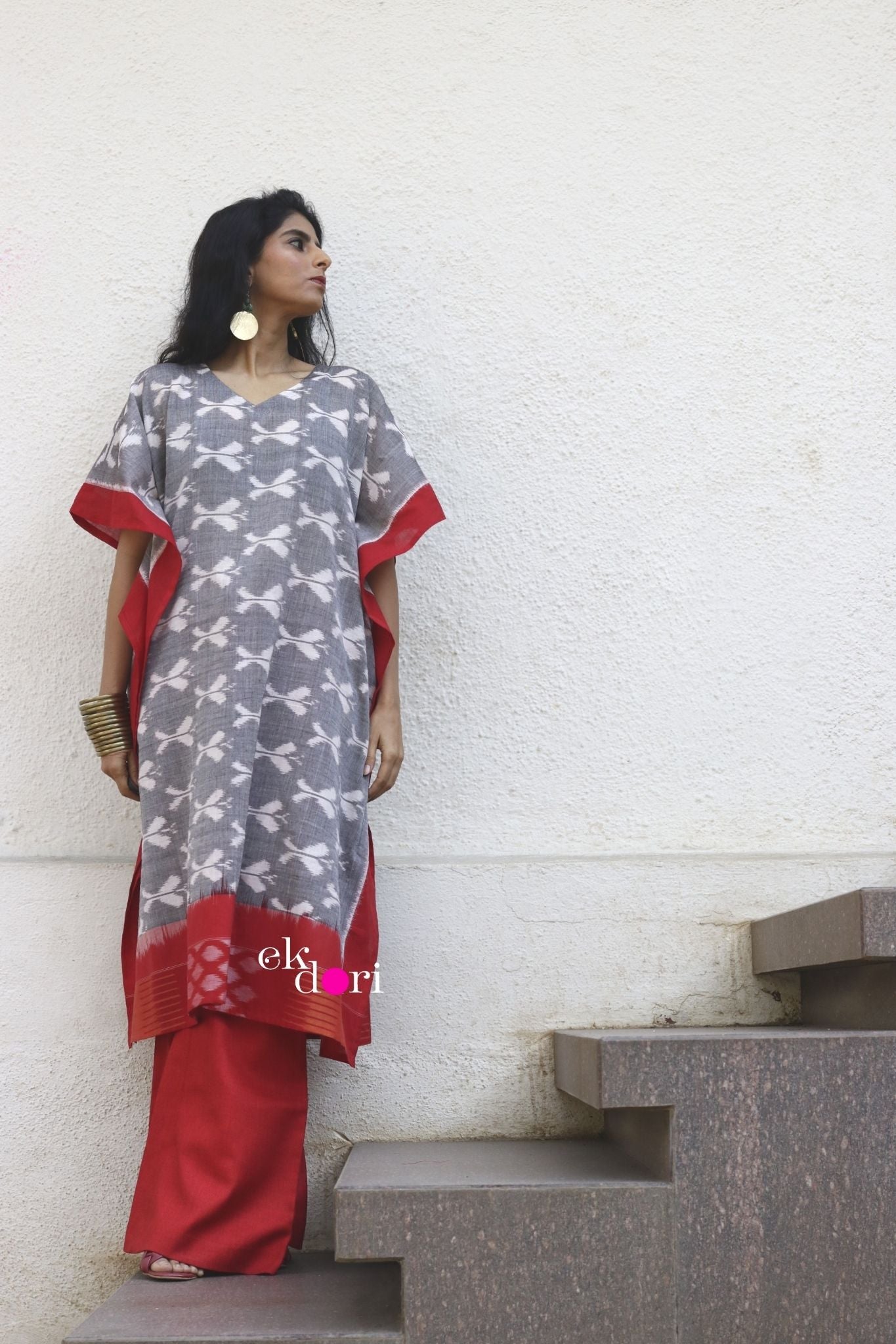 Monsoon Clouds Handloom Ikat Kaftan Kurta Dress : Grey Ikat Kaftan Kurta
