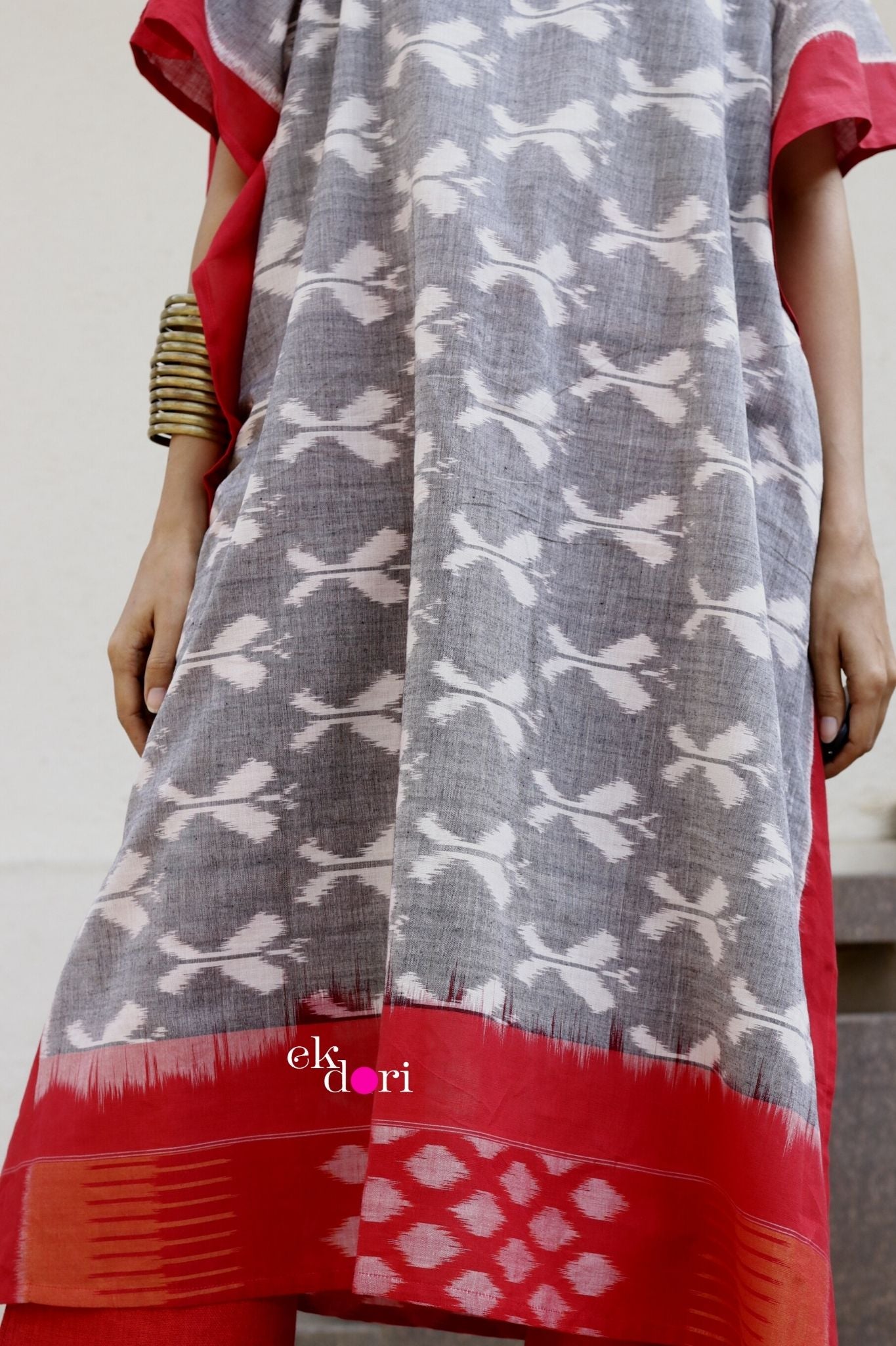 Monsoon Clouds Handloom Ikat Kaftan Kurta Dress : Grey Ikat Kaftan Kurta