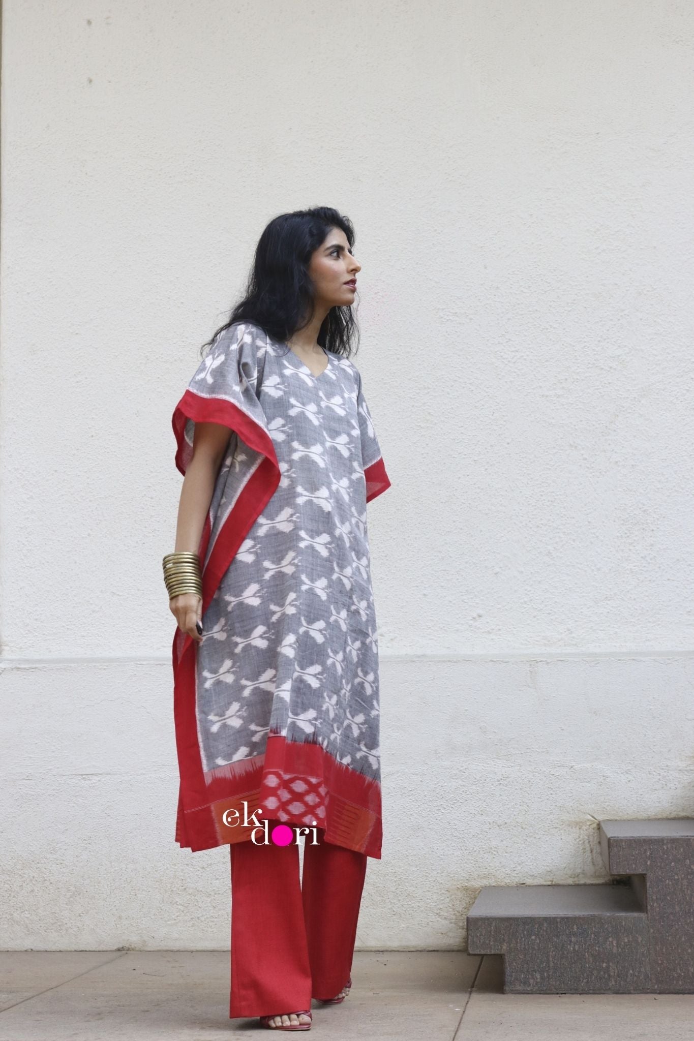 Monsoon Clouds Handloom Ikat Kaftan Kurta Dress : Grey Ikat Kaftan Kurta