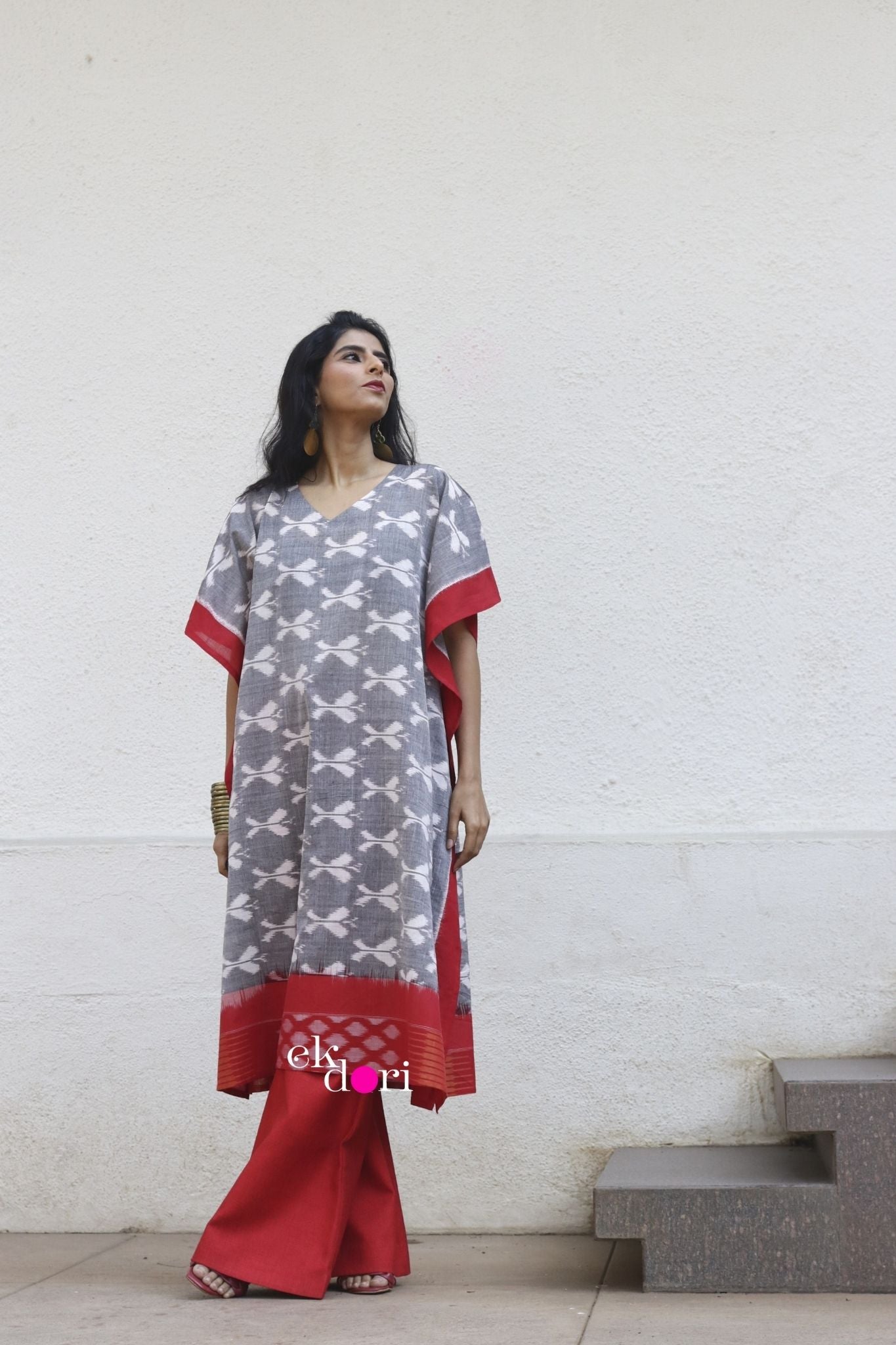 Monsoon Clouds Handloom Ikat Kaftan Kurta Dress : Grey Ikat Kaftan Kurta